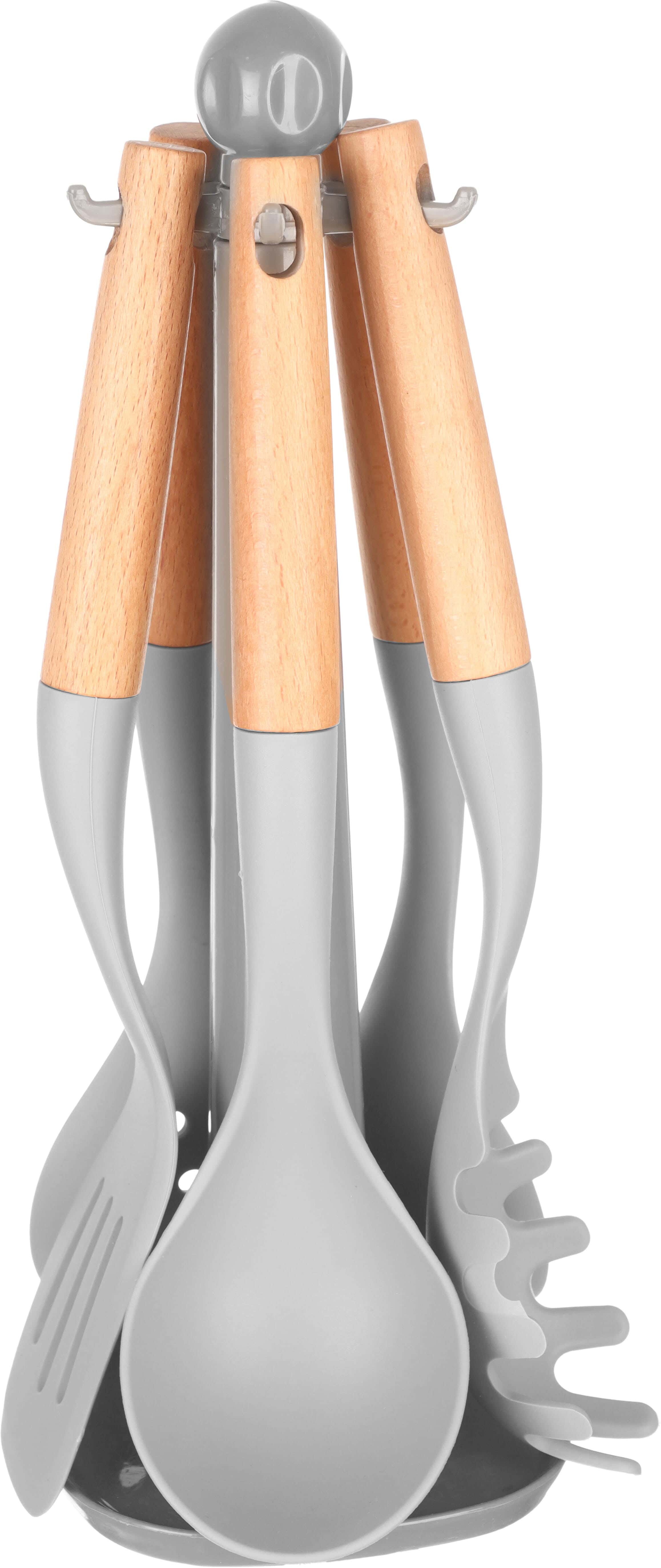 ABN Silicone Serving Set With Wooden Handle, 5 Pieces, With Plastic Stand - Grey Wooden