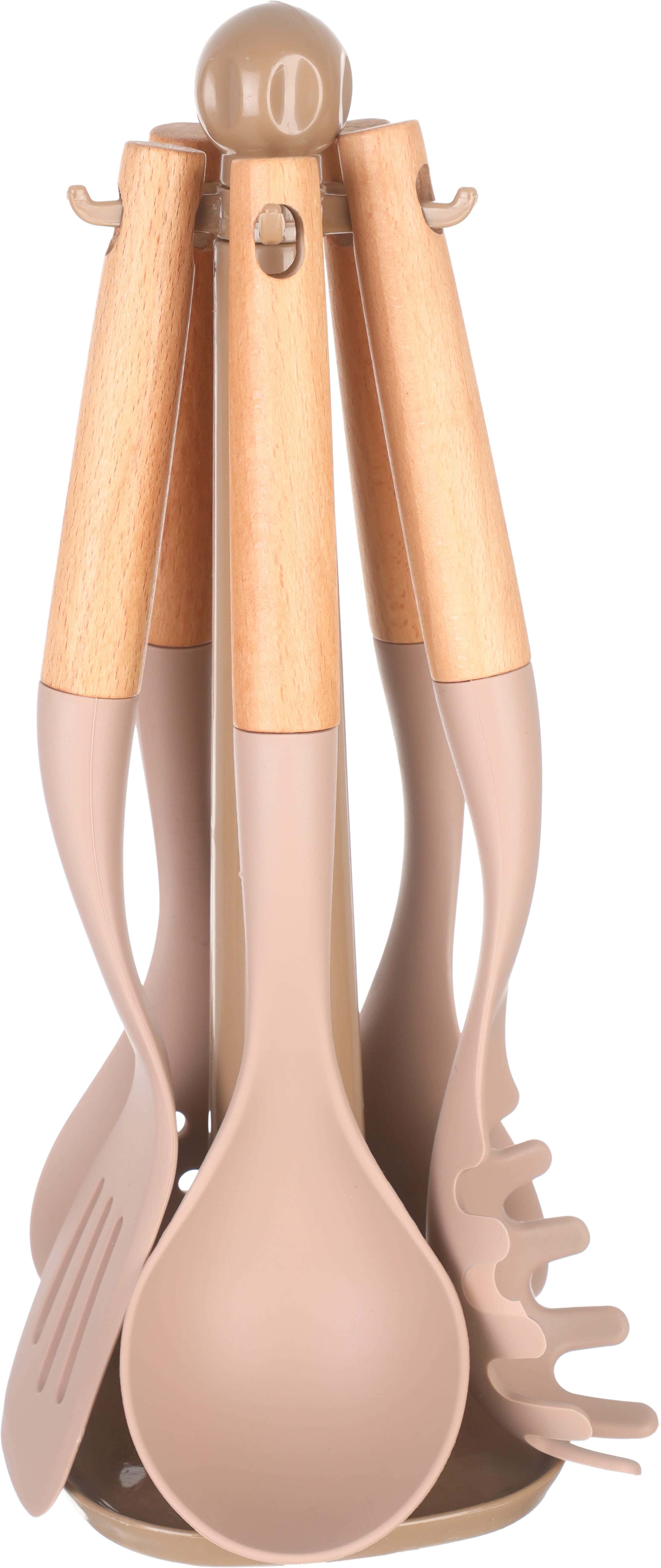 ABN Silicone Serving Set With Wooden Handle, 5 Pieces, With Plastic Stand - Cashmere Wooden