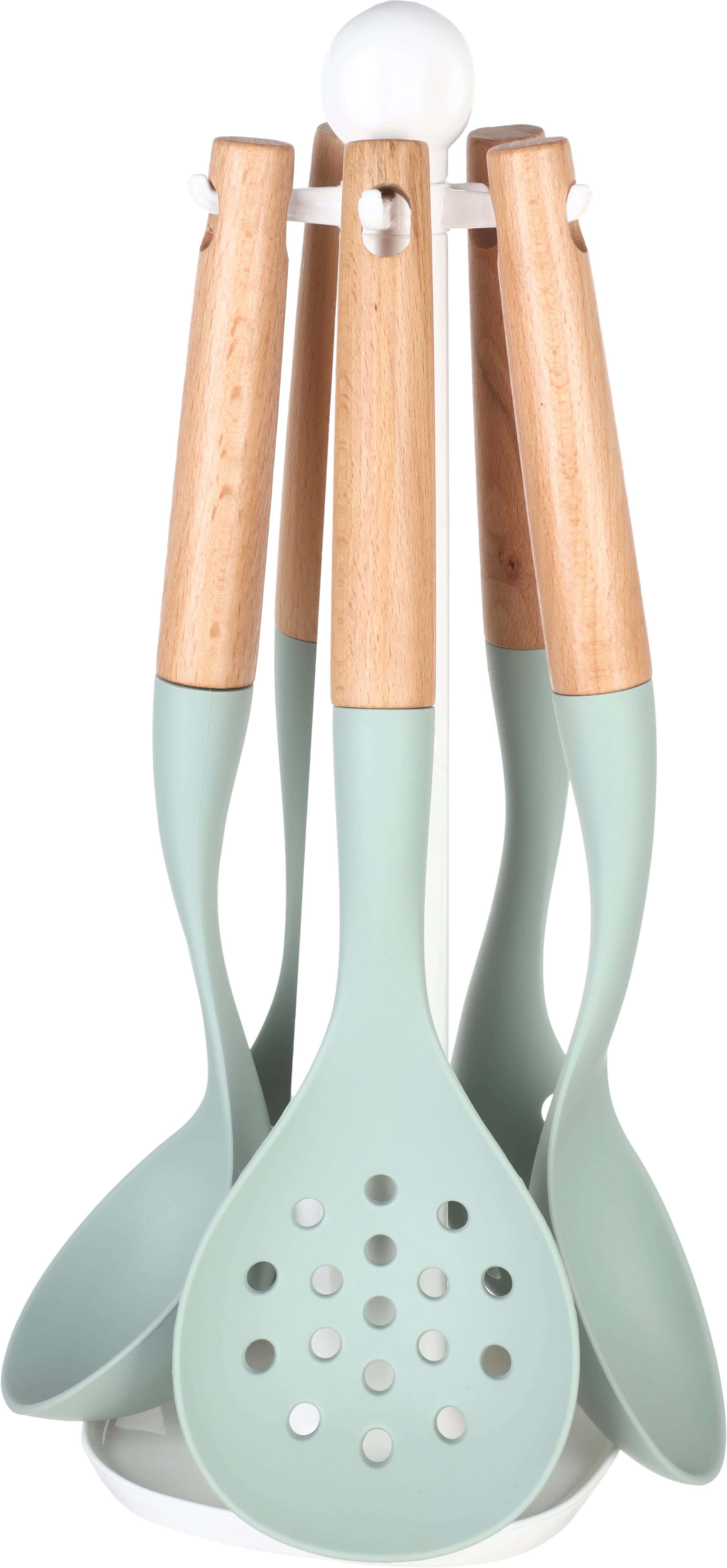 ABN Silicone Serving Set With Wooden Handle, 5 Pieces, With Plastic Stand - Olive Wooden