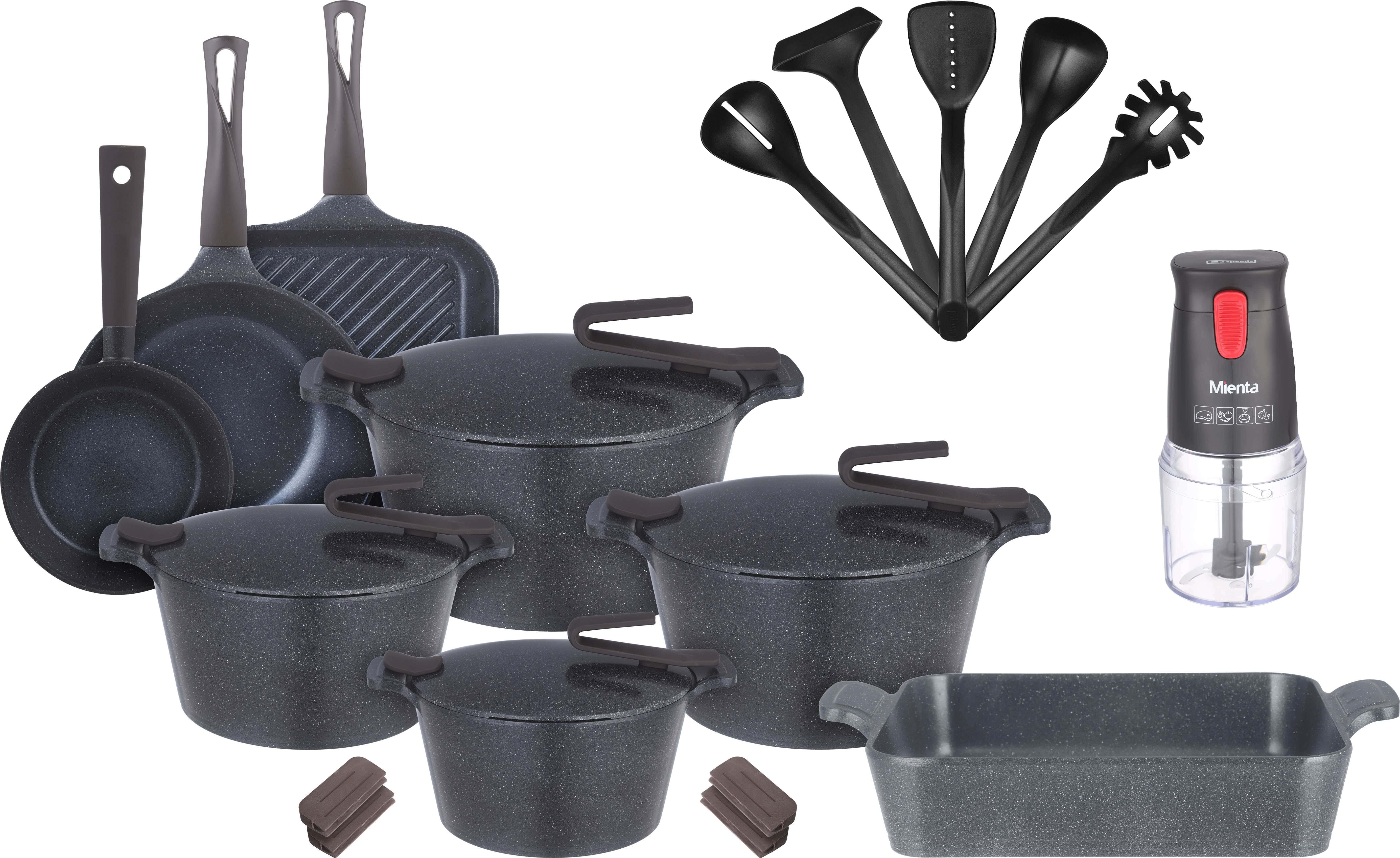 Pyrex Granite Pots Set, 21 Pieces, with Gift Mienta Chopper - Navy