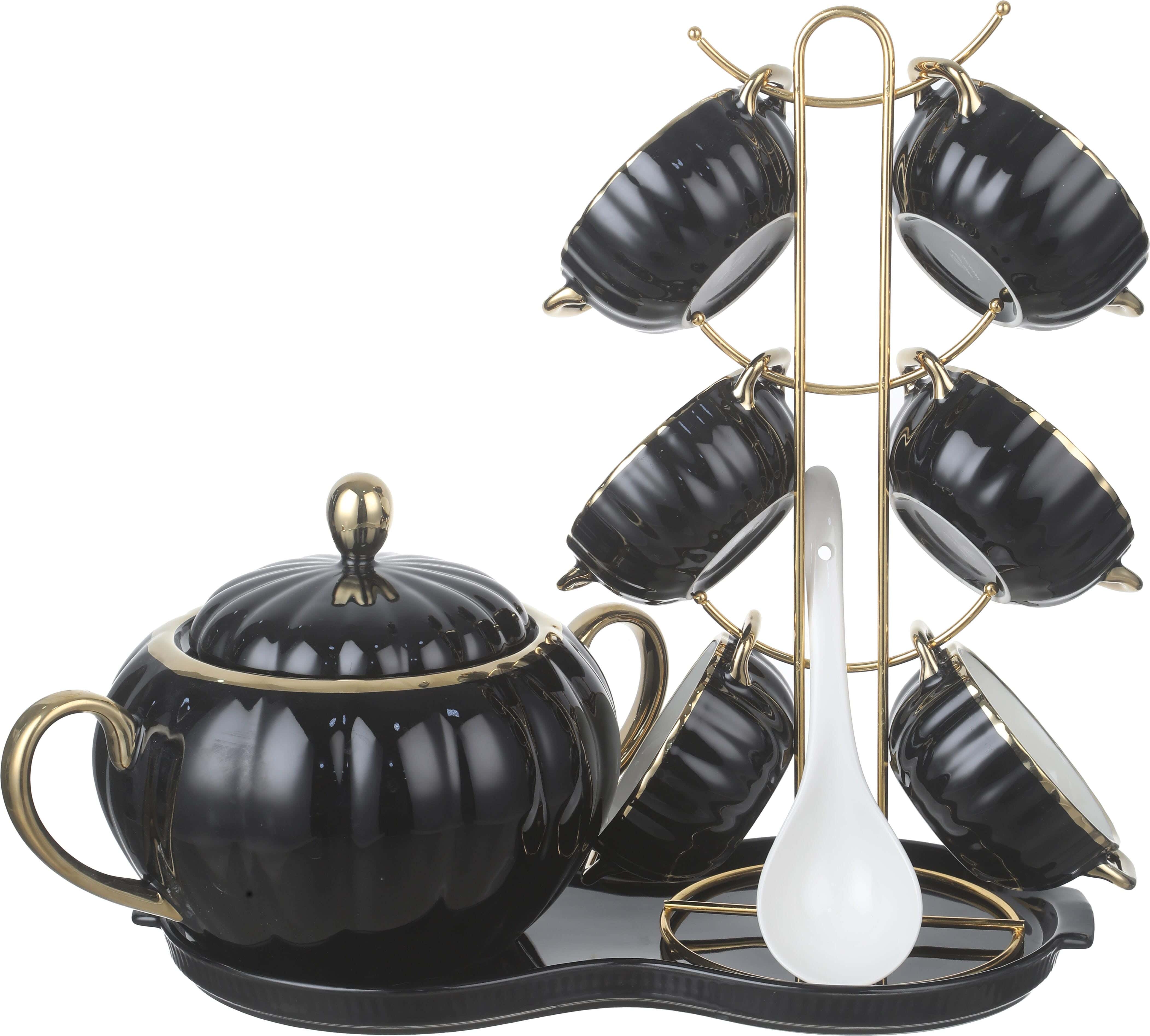 Group Tiger Porcelain Bowl Set, 8 Pieces, with Metal Stand - Black Gold