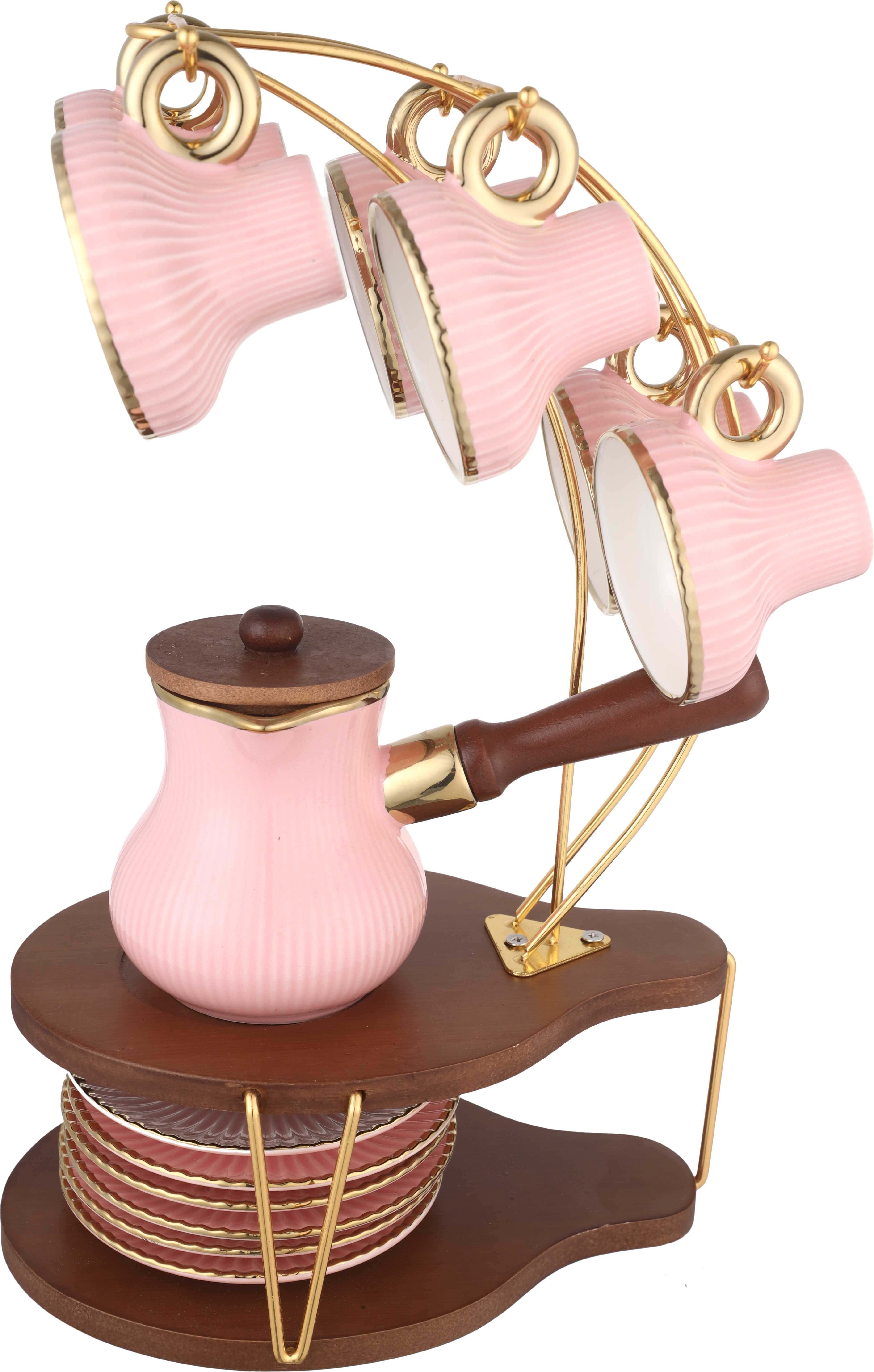 Group Tiger Porcelain Coffee Cup Set, 13 Pieces, with Stand - Rose Gold