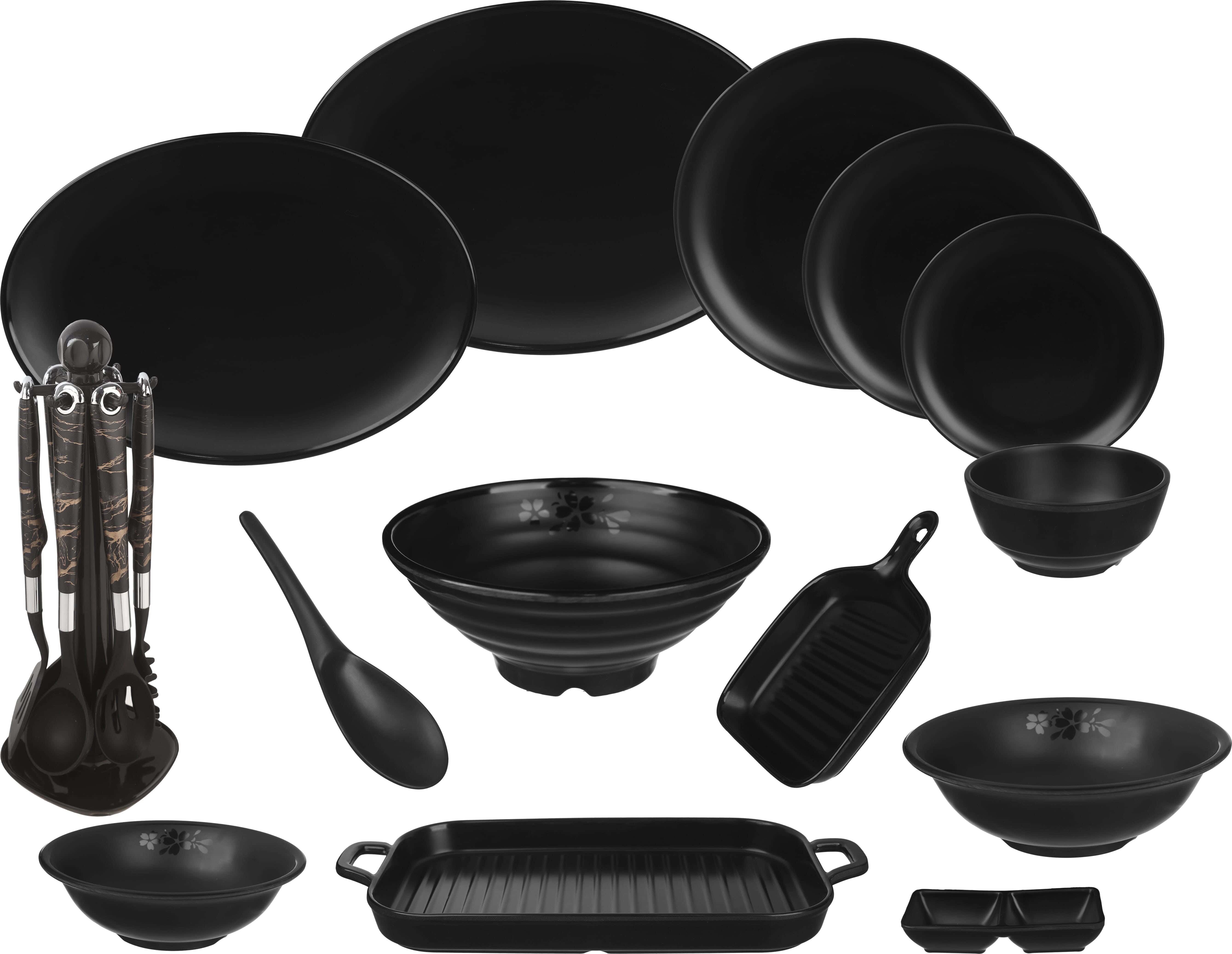 Crayz Queen Melamine Dinner Set, 38 Pieces, with Silicone Serving Set, 6 Pieces, with Stand - Black