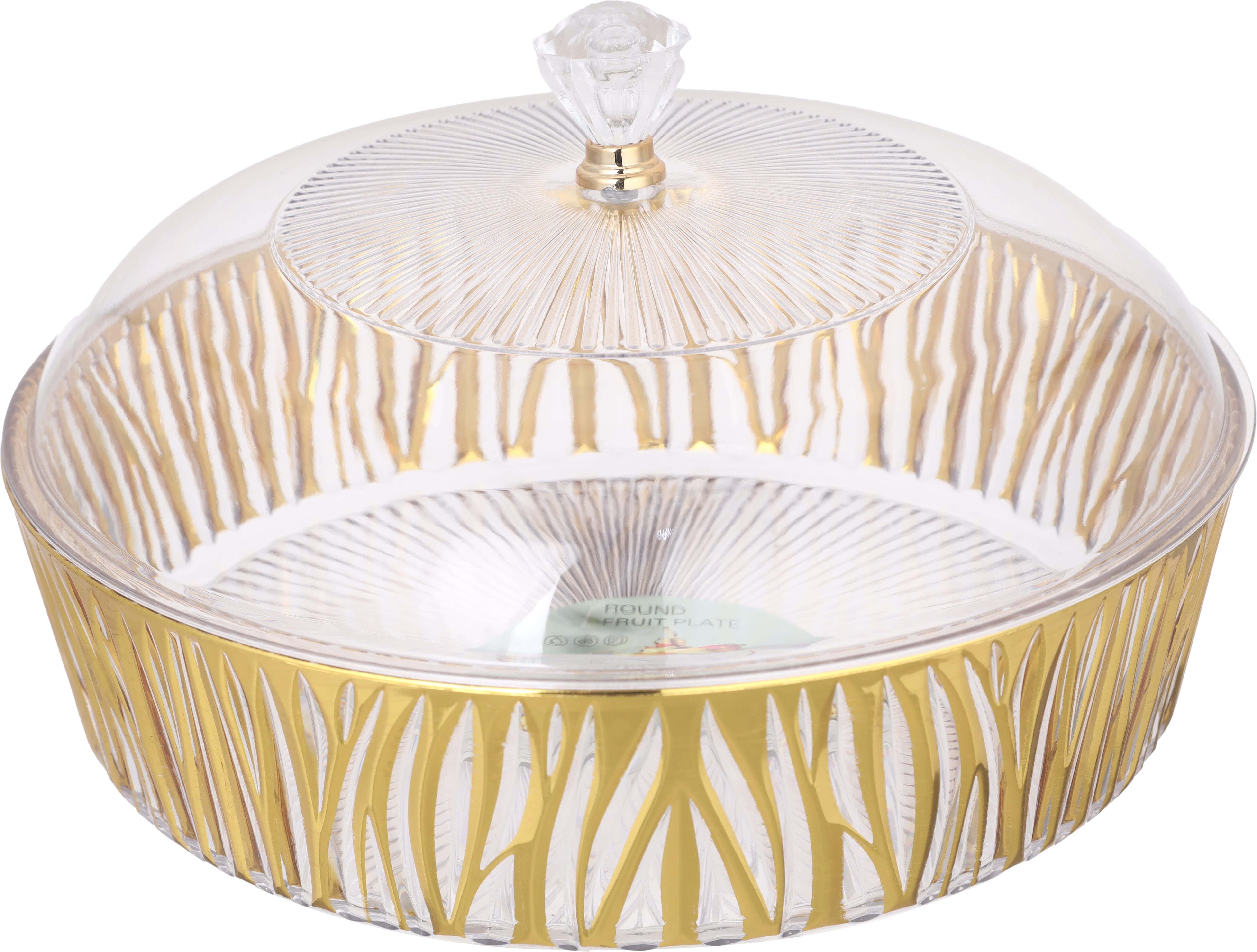 Acrylic Round Fruit Plate with lid, 25 cm - Clear Gold