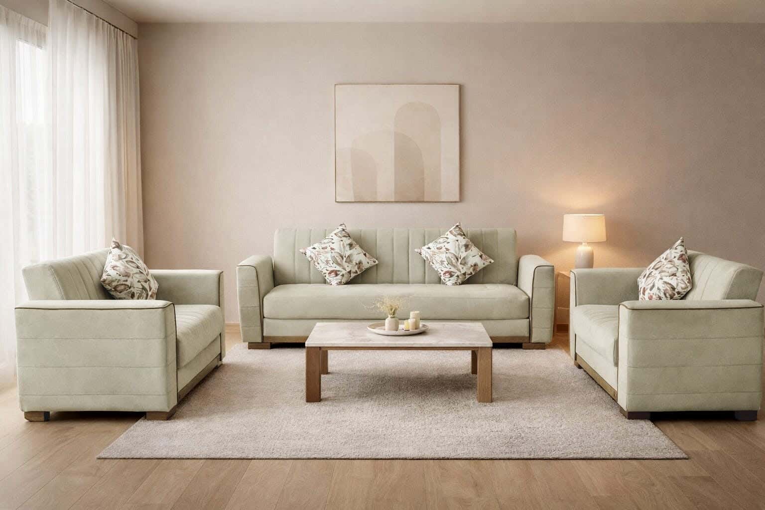 Aldora Beech Wood Sofa Set Velvet Upholstery, 3 Pieces, 2 Sofas and 1 Chair, 4 Pillows - Coffee