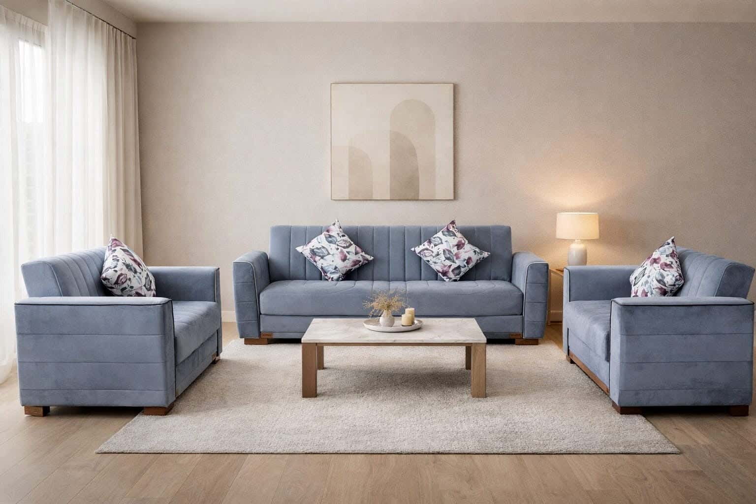 Aldora Beech Wood Sofa Set Velvet Upholstery, 3 Pieces, 2 Sofas and 1 Chair, 4 Pillows - Grey