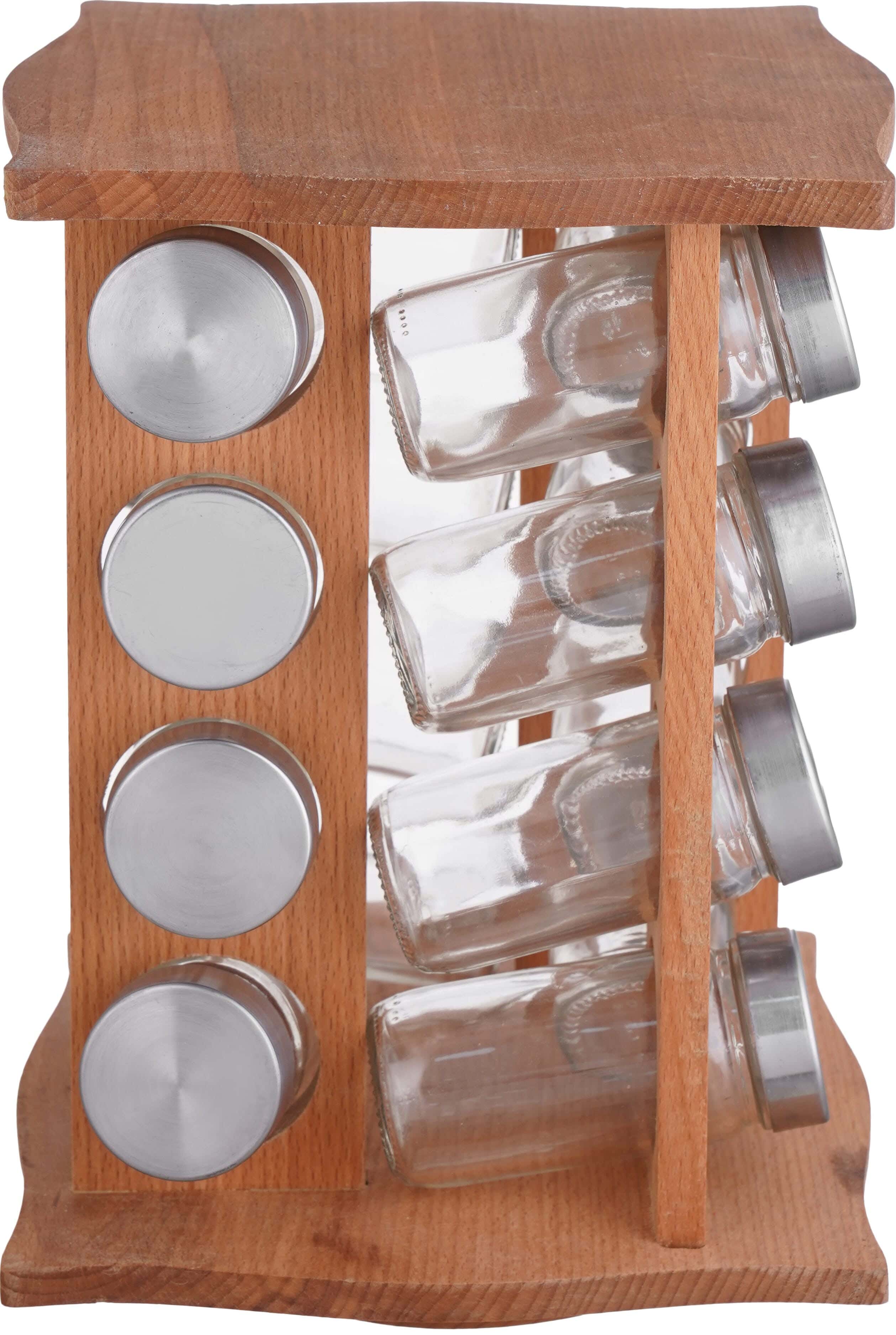 Rose Wood Glass Spice Jar Set, 16 Pieces, with Beech Wood Movable Stand, 20×20×27 cm - Wooden Silver