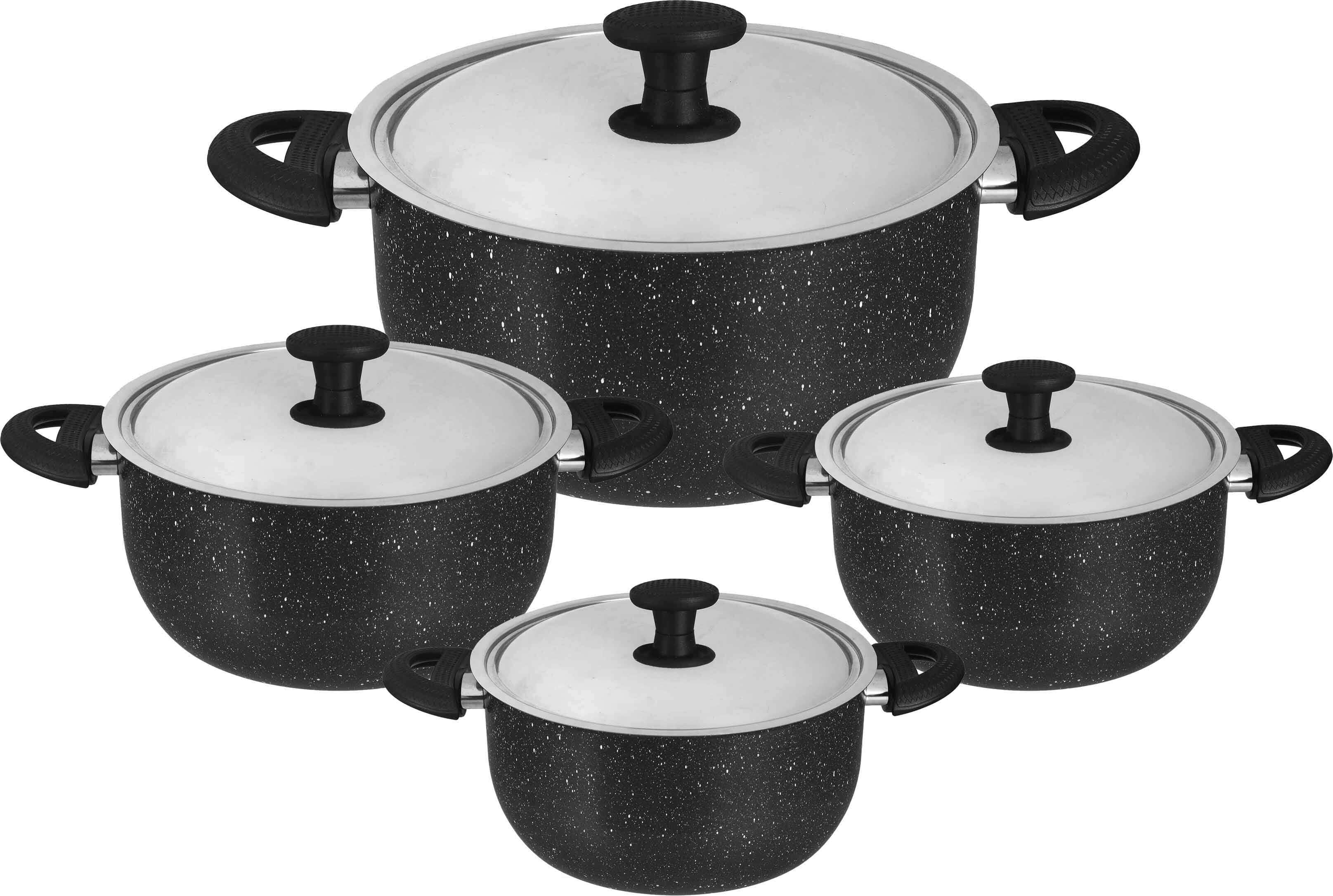Nouval Classic Granite Pots Set, 8 Pieces, Stainless Steel Lid - Black Silver