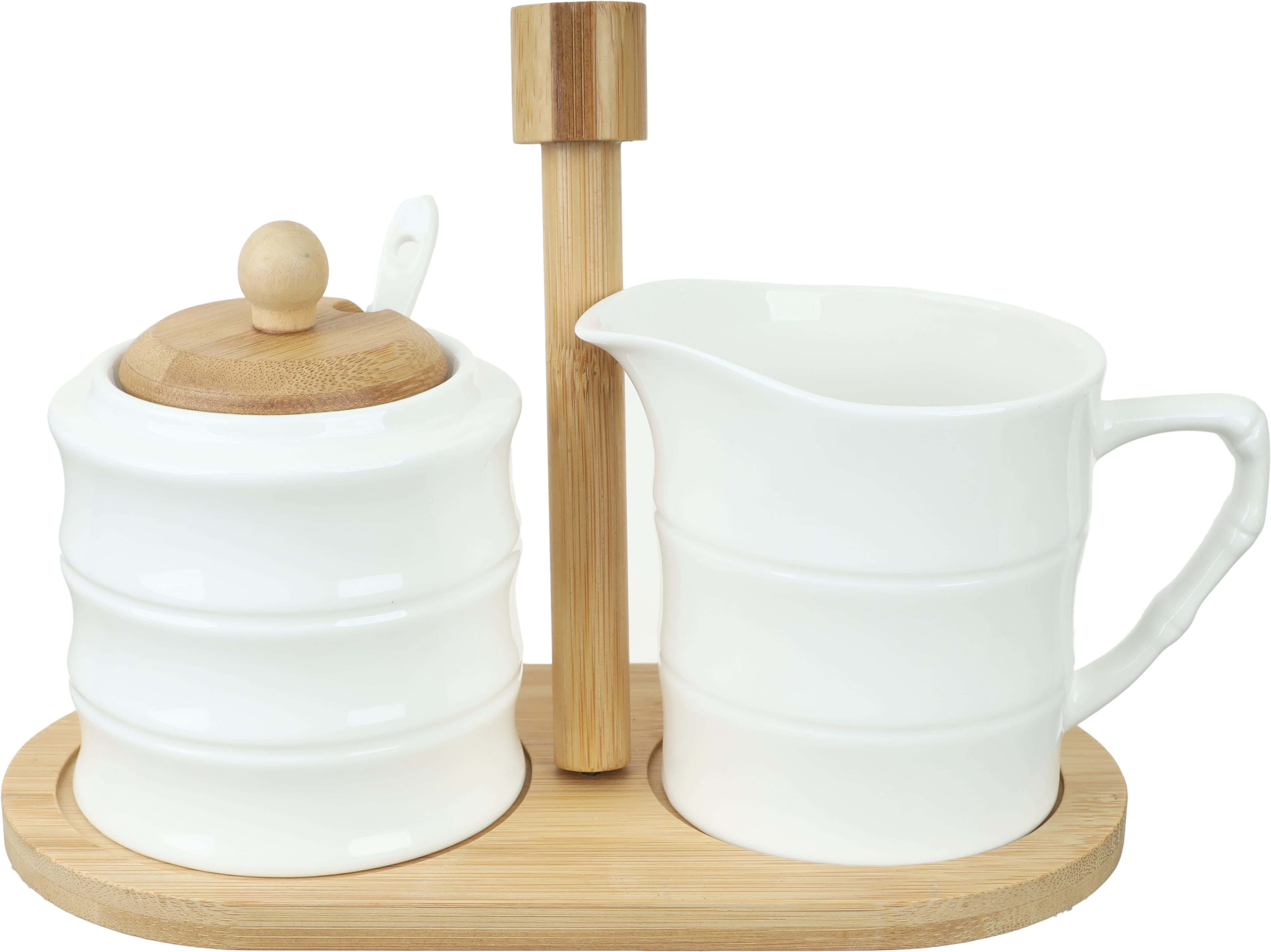 Zinnia Porcelain Milk Pot and Sugar Bowl Set, 3 Pieces, with Wood Stand - White Wooden