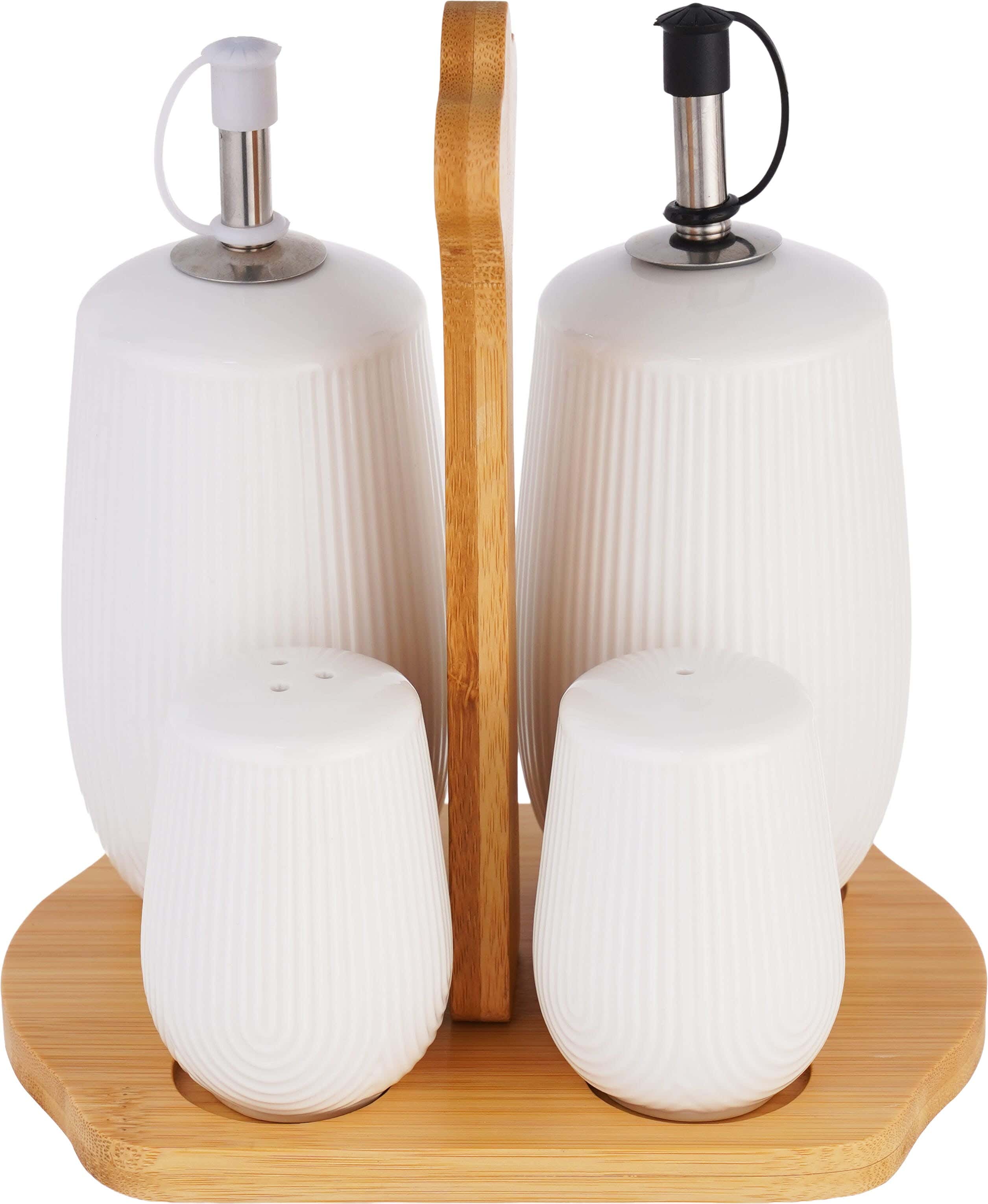 Zinnia Porcelain Spice and Jars Set, 4 Pieces, with Wood Stand - White Wooden