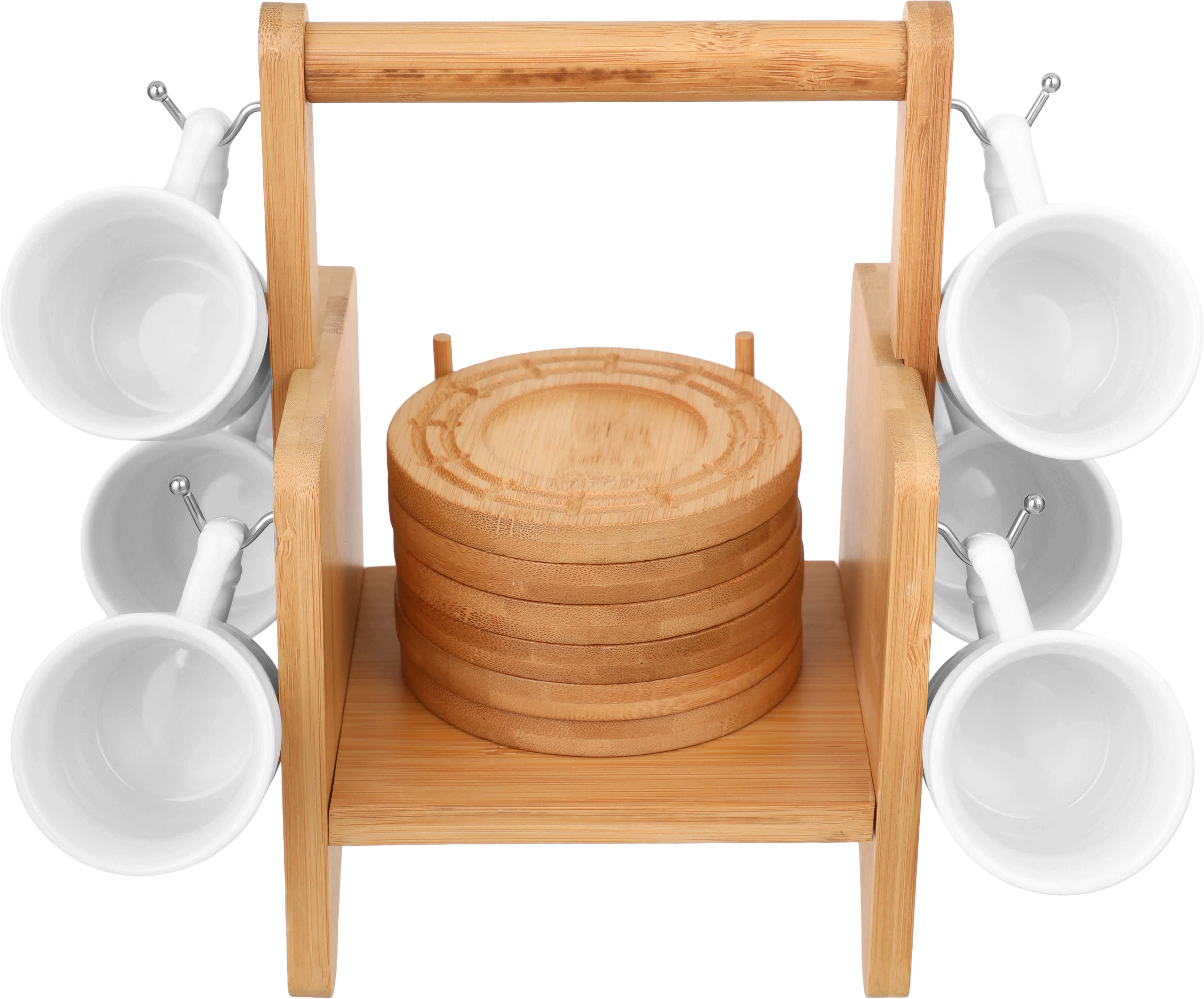 Zinnia Porcelain Tea Cup and Saucer Set, 12 Pieces, 180 ml, with Wood Stand - White Wooden