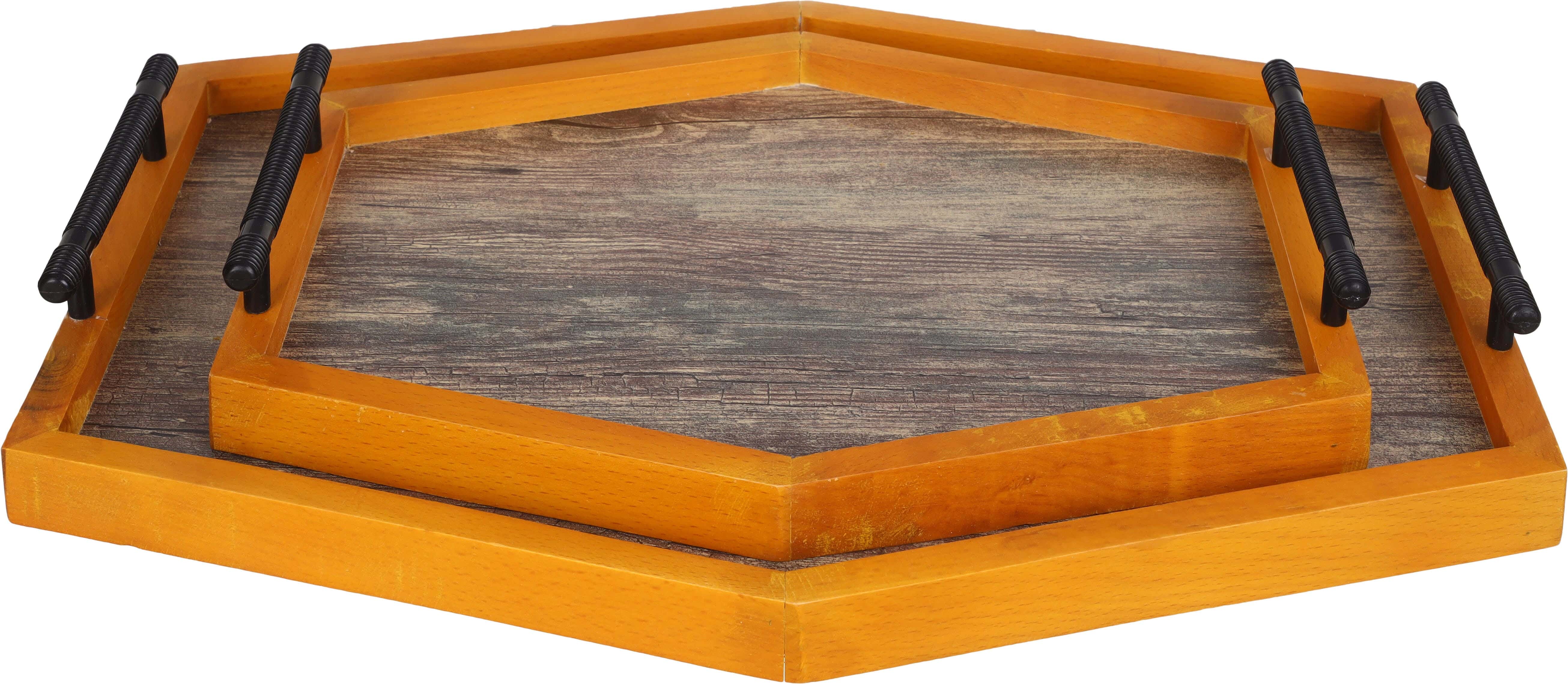 EL Salsabil Wooden Serving Tray Set, 2 Pieces, Metal Handle - Beige Wooden