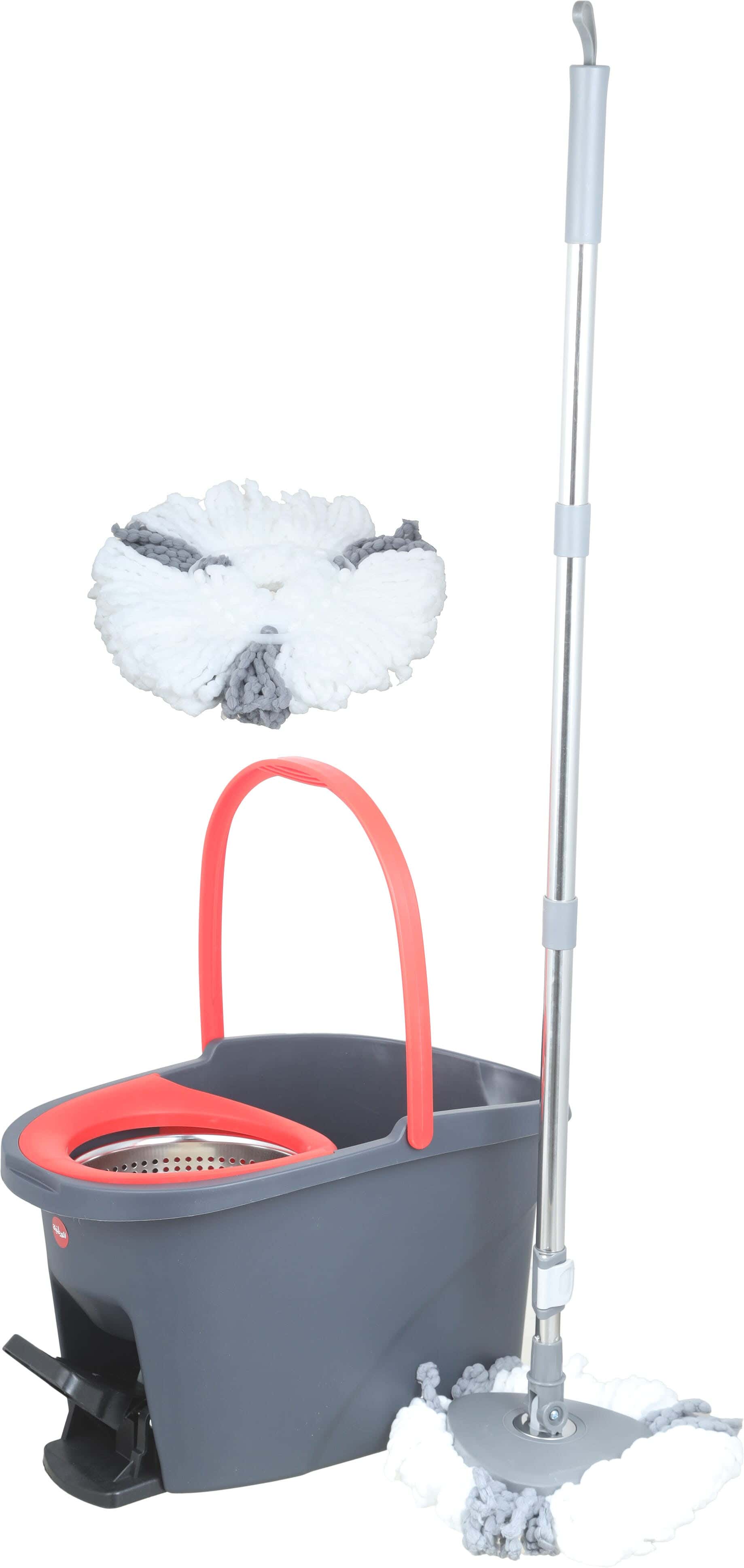 Al Wataniya Plastic Mop Bucket with Stainless Steel Spinner, Cotton Refill, 30×30×50 cm - Red Grey