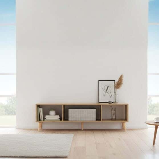 Chipboard Wood TV Table with Beech Wood Legs, 3 Shelves, 150×30 cm, Height 50 cm - Beige
