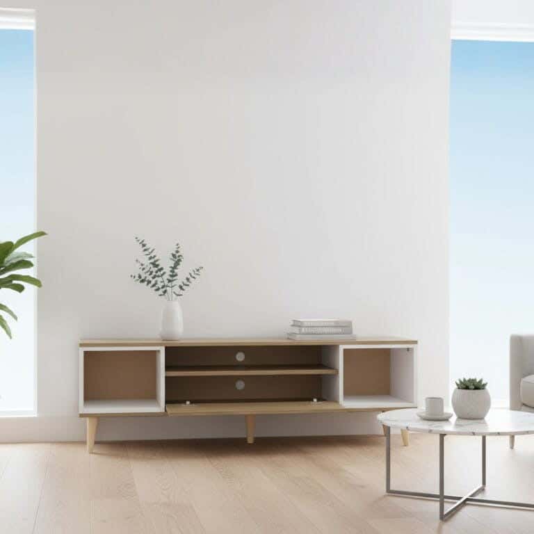 Chipboard Wood TV Table, 140×32×45 cm, with Beech Wood Legs, 2 Eyes, Drop-Down Door - Brown White
