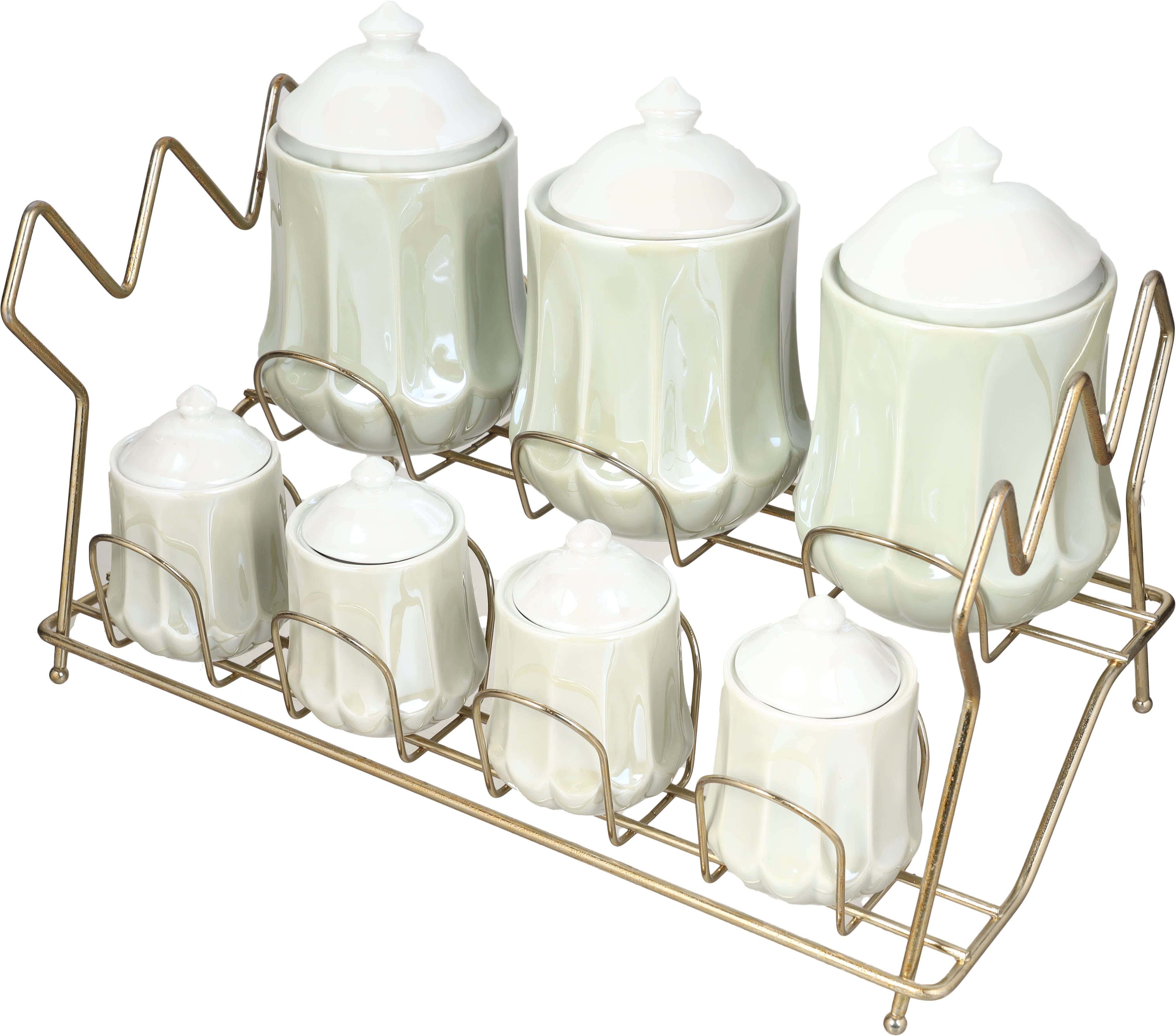 Lotus Porcelain Spice Set, 7 Pieces, with Metal Stand - Olive Gold