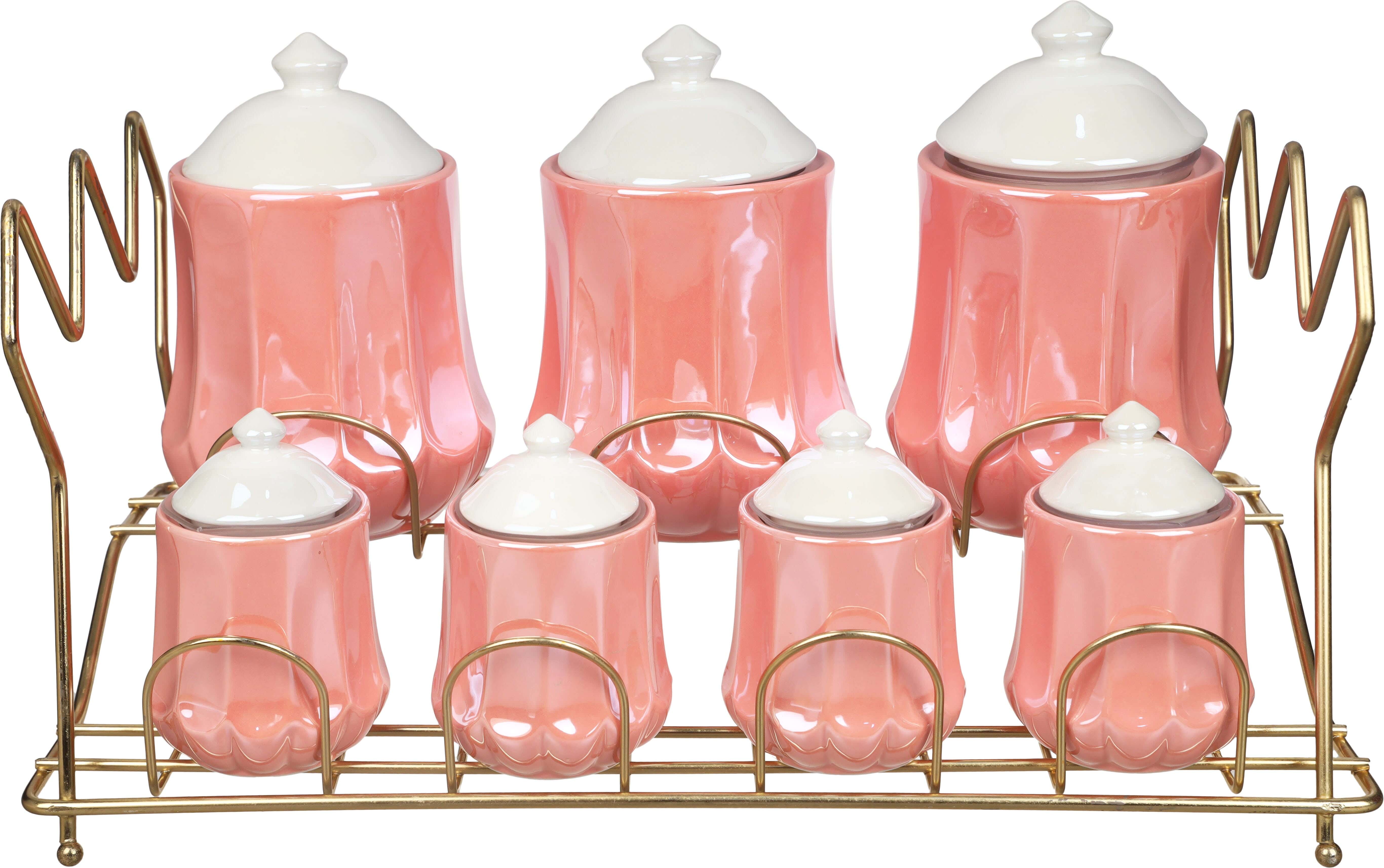 Lotus Porcelain Spice Set, 7 Pieces, with Metal Stand - Cashmere Gold