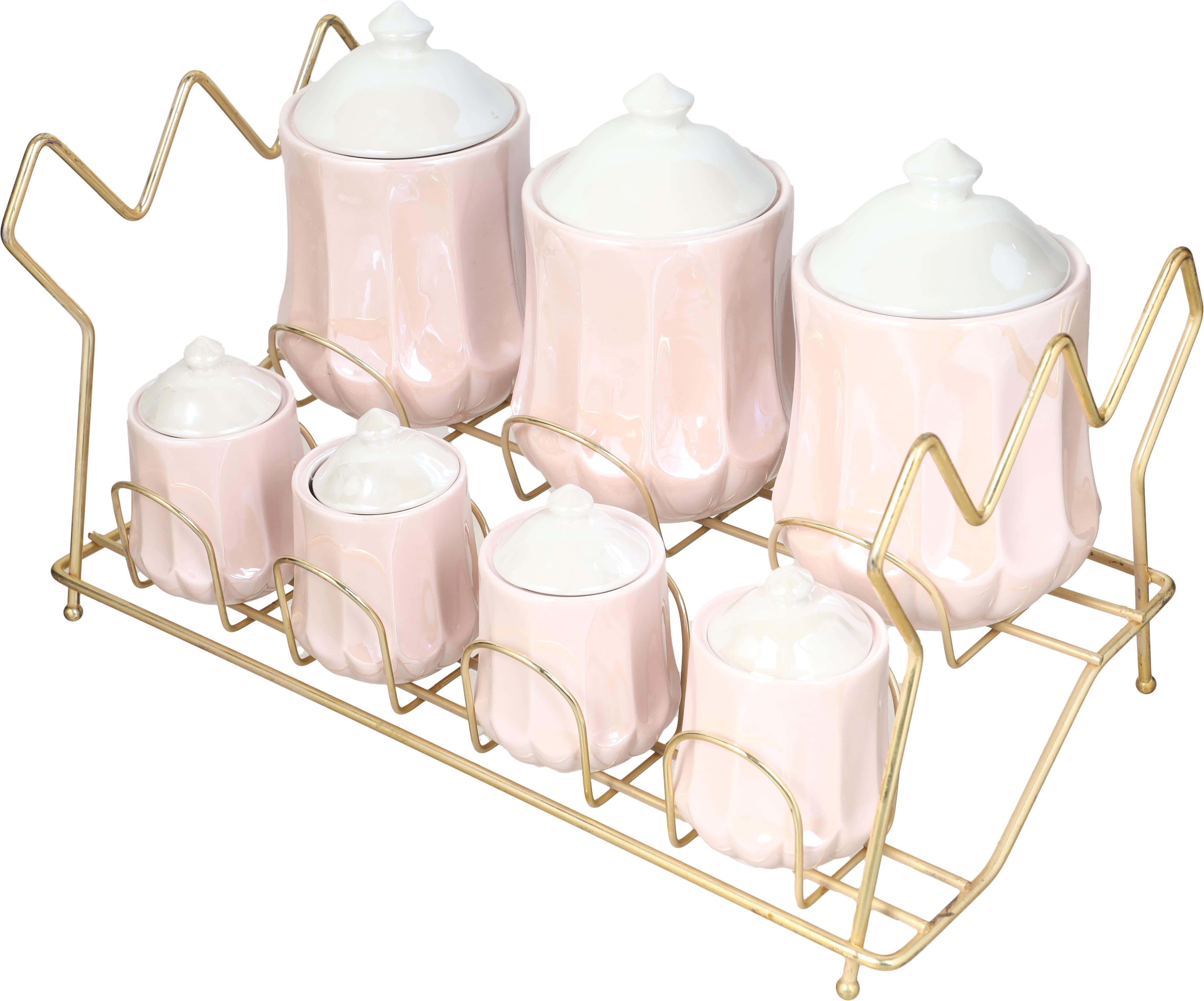 Lotus Porcelain Spice Set, 7 Pieces, with Metal Stand - Rose Gold