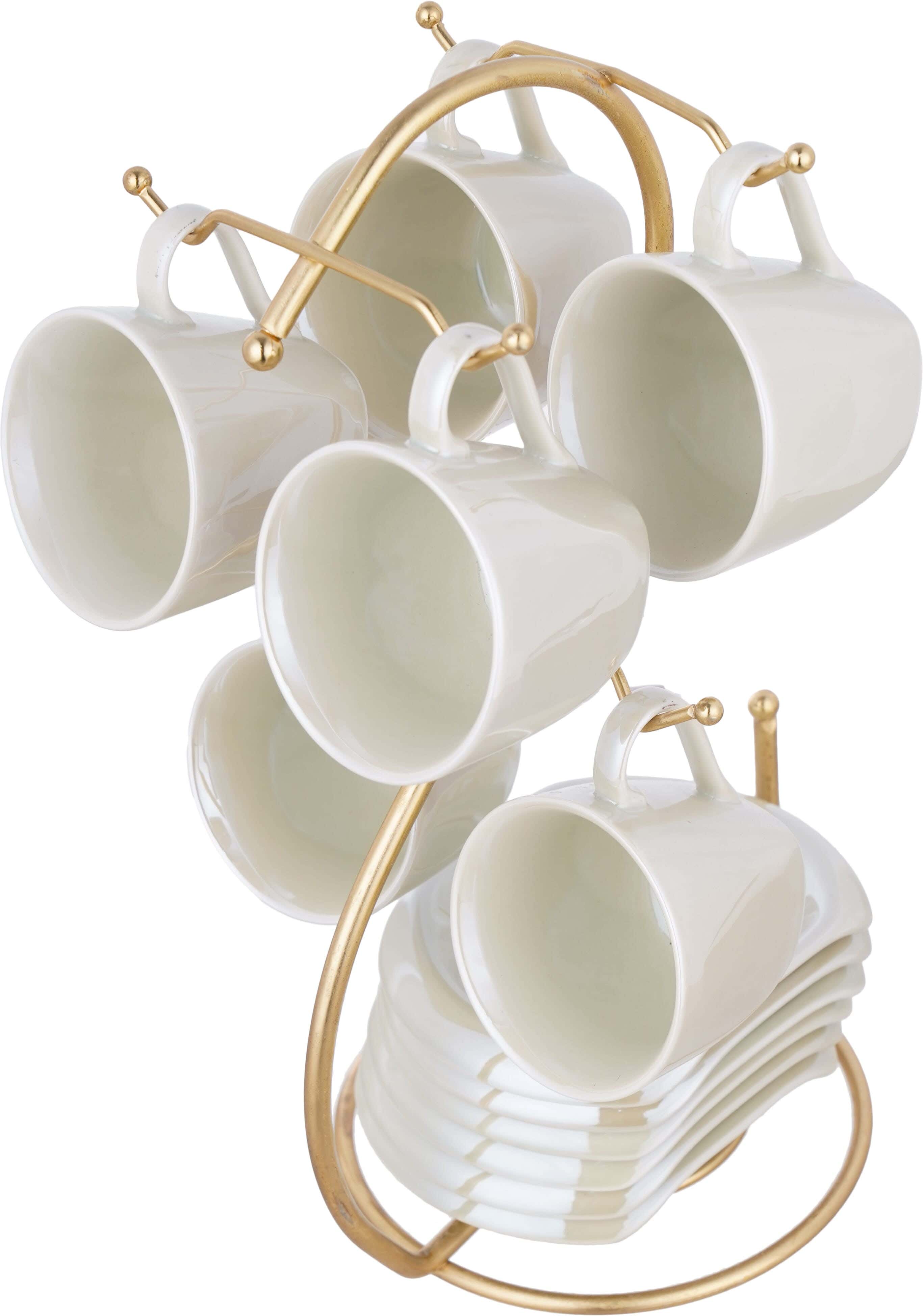 Lotus Porcelain Coffee Cup and Saucer Set, 12 Pieces, with Stand - Beige