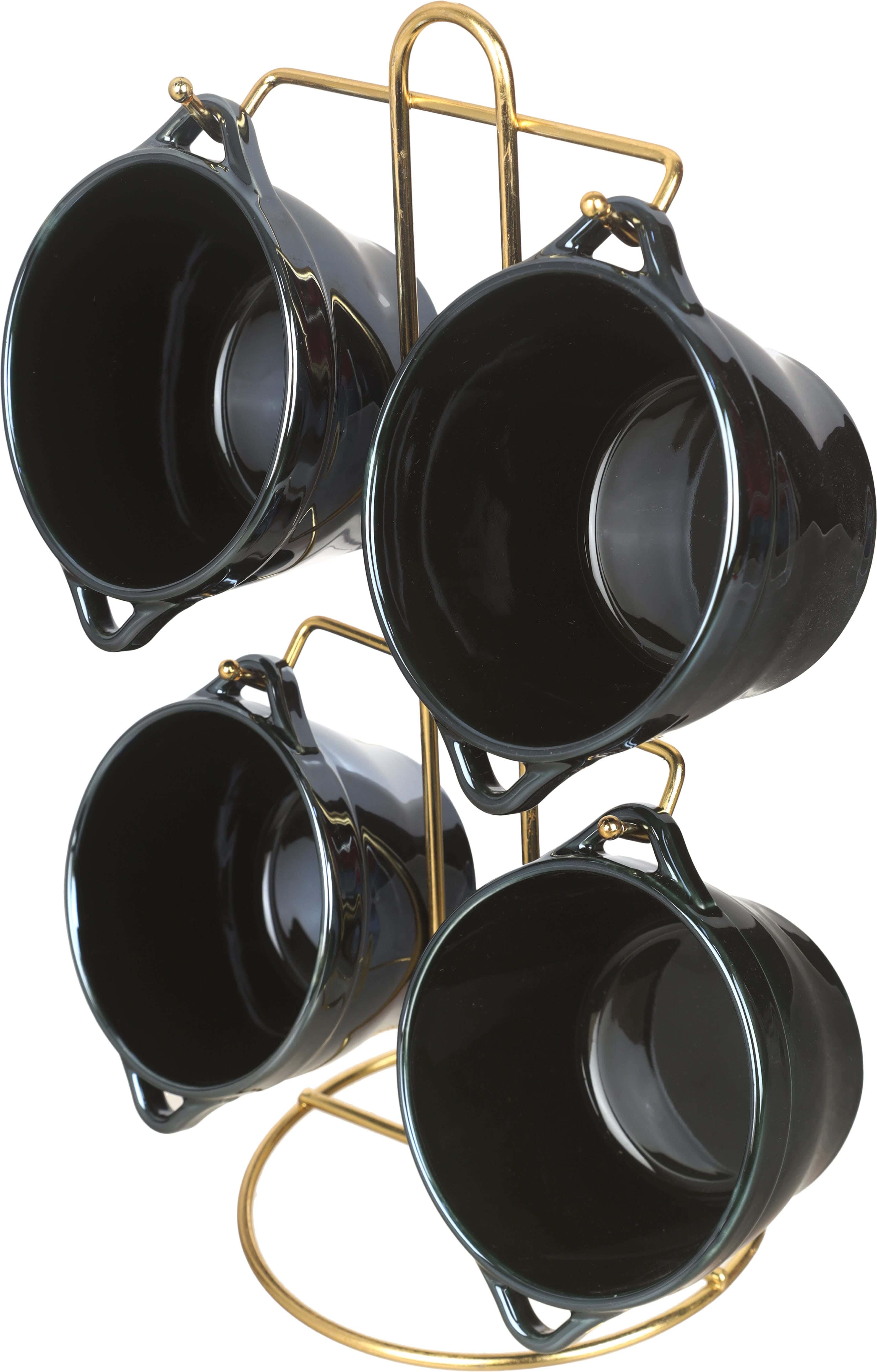 Lotus Porcelain Soup Bowl Set, 4 Pieces, 500 ml, with Metal Stand - Petrol