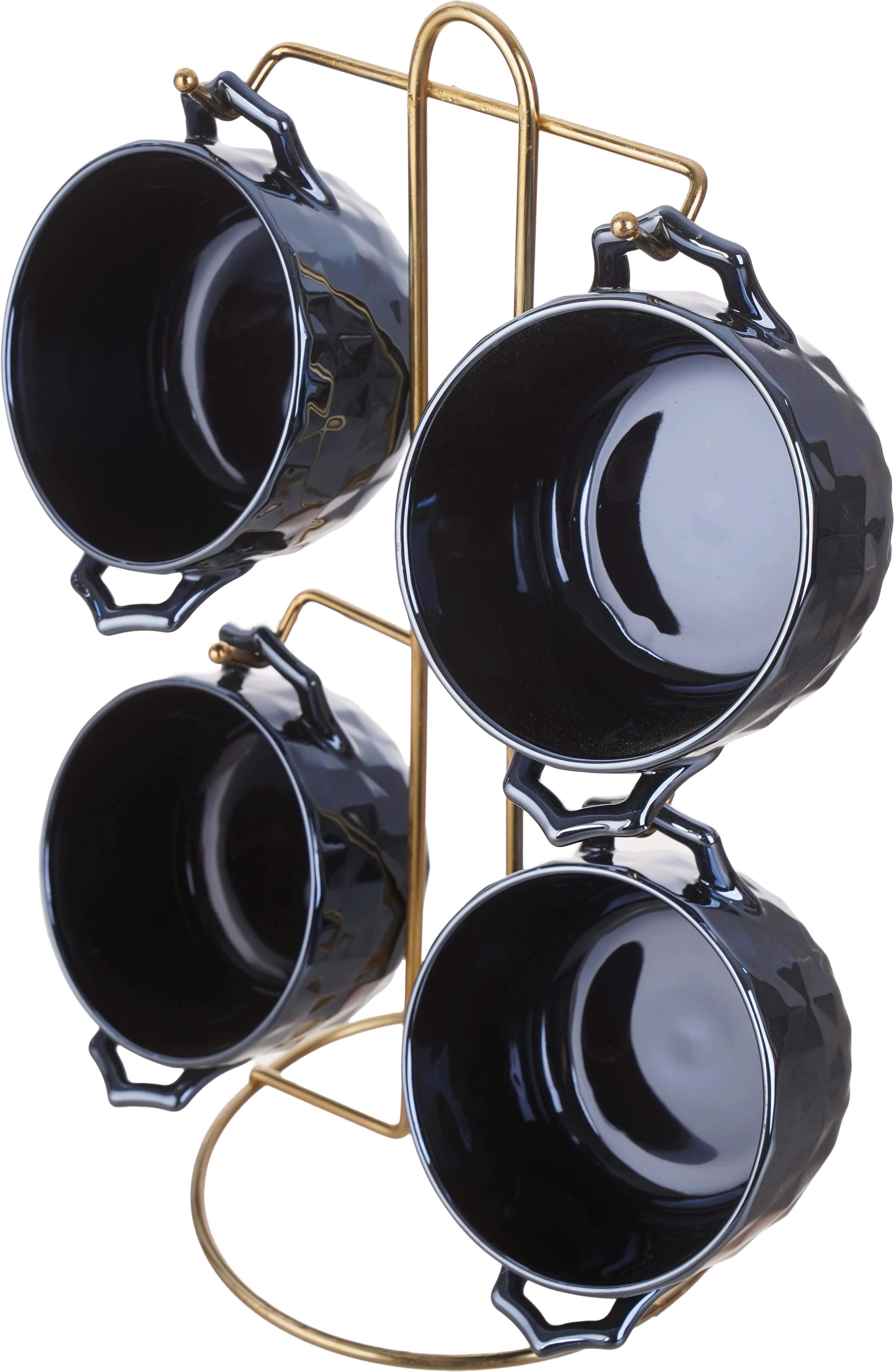 Lotus Porcelain Soup Bowl Set, 4 Pieces, 500 ml, with Metal Stand - Navy Gold