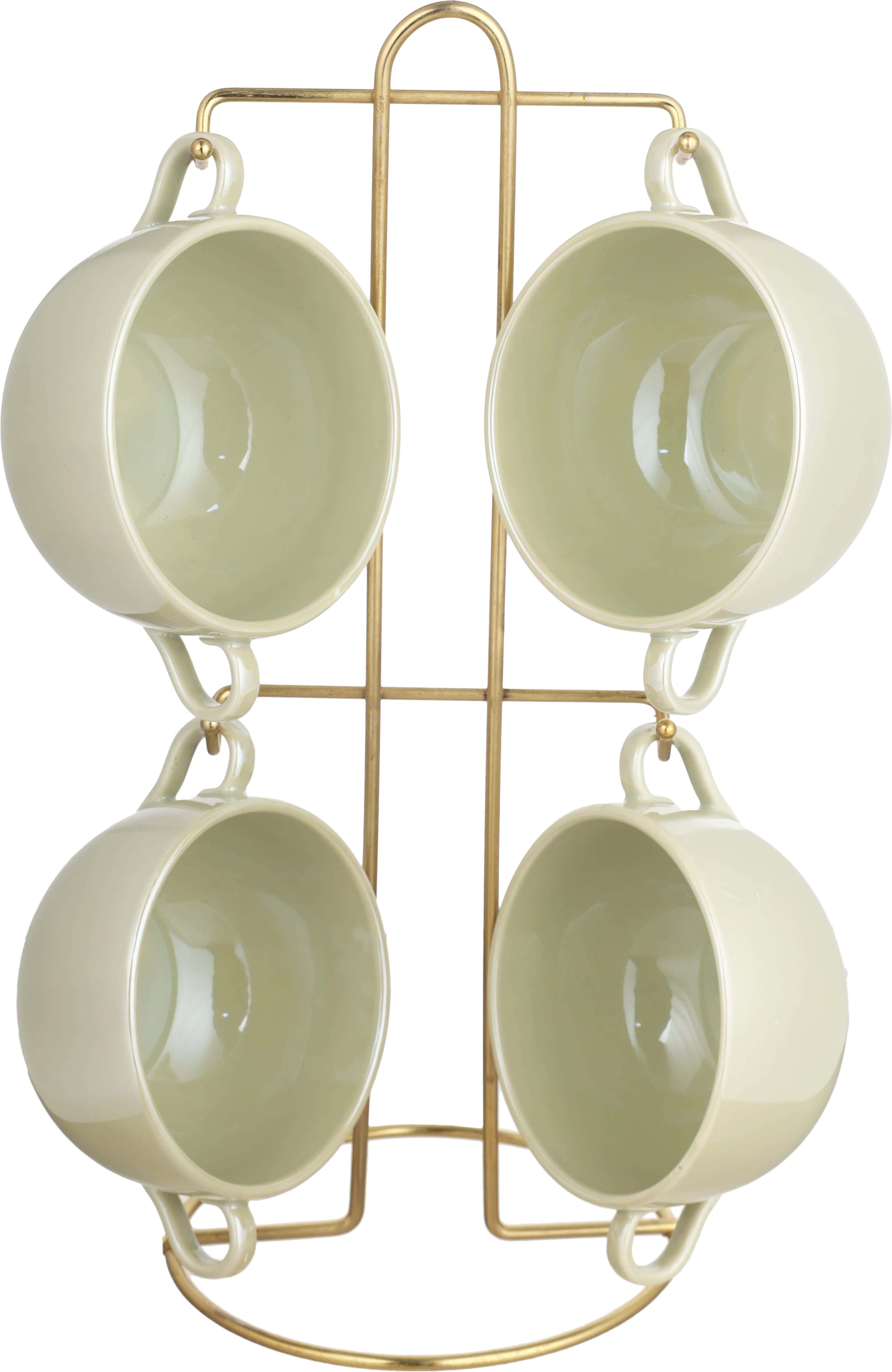 Lotus Porcelain Soup Bowl Set, 4 Pieces, 500 ml, with Metal Stand - Olive