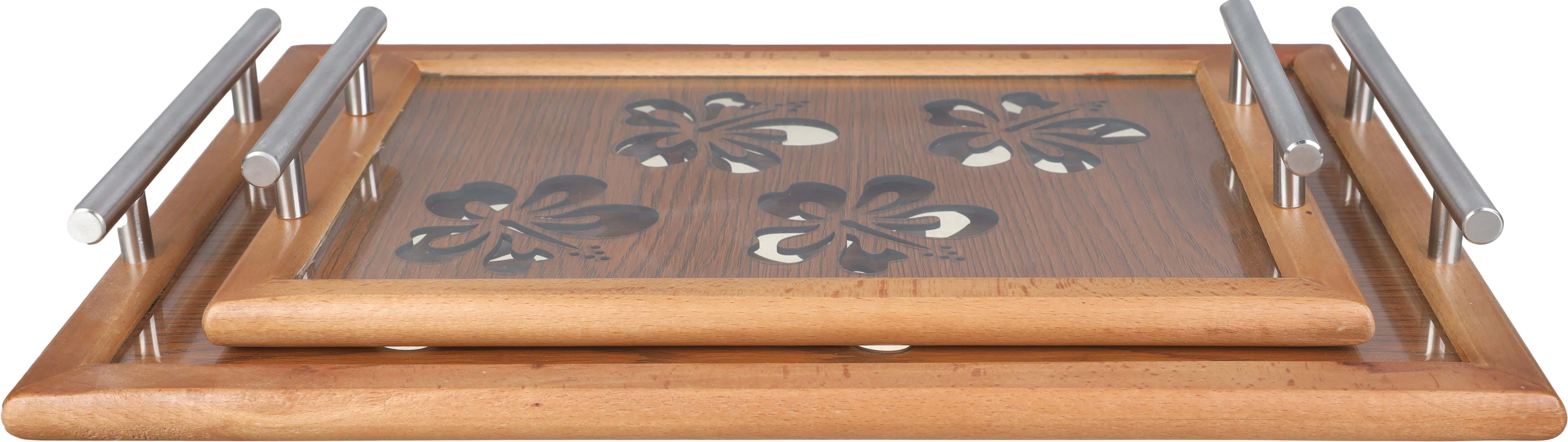 Home Wood Wooden Serving Tray Set with Metal Handles, 2 Pieces - Wooden