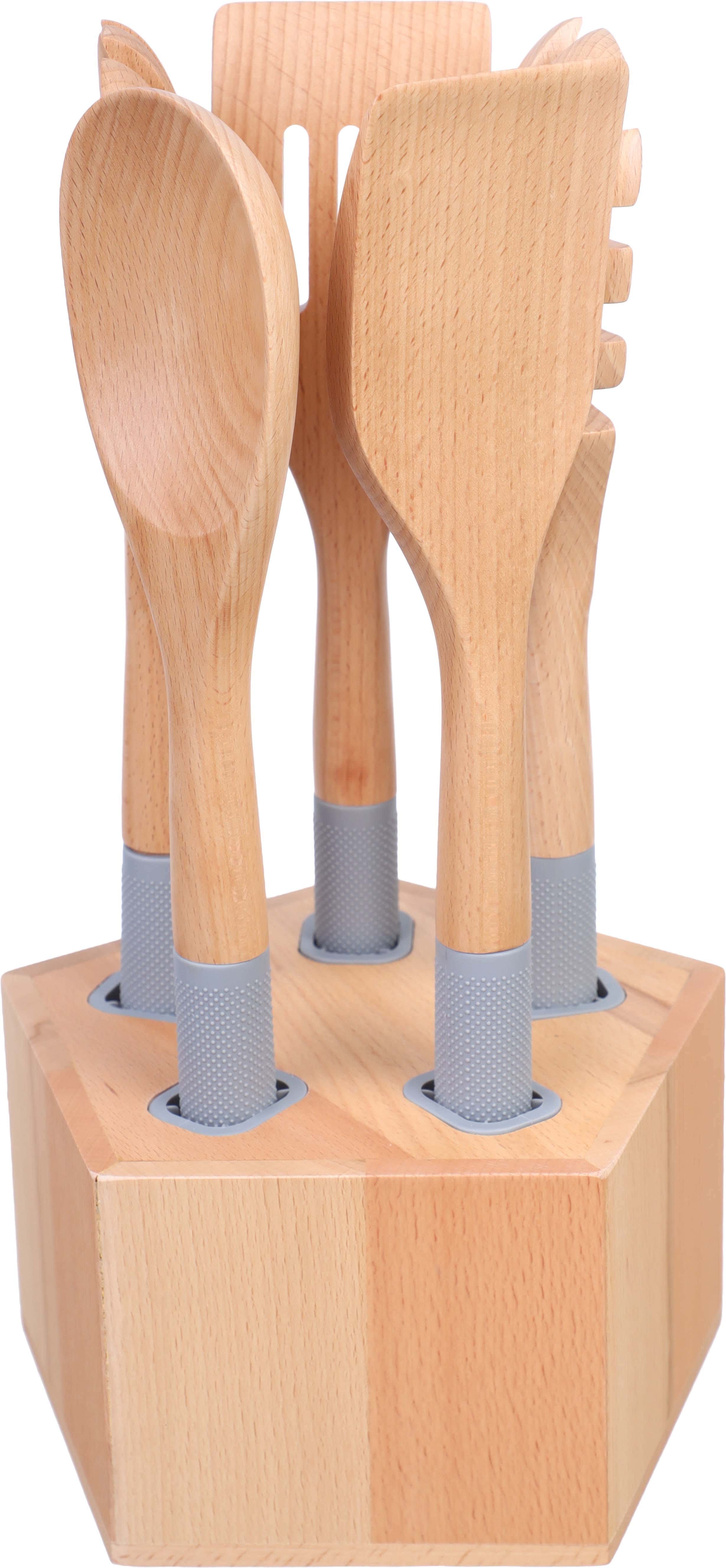 Wooden serving set with silicone handle, 5 pieces, with wooden stand - wooden Grey