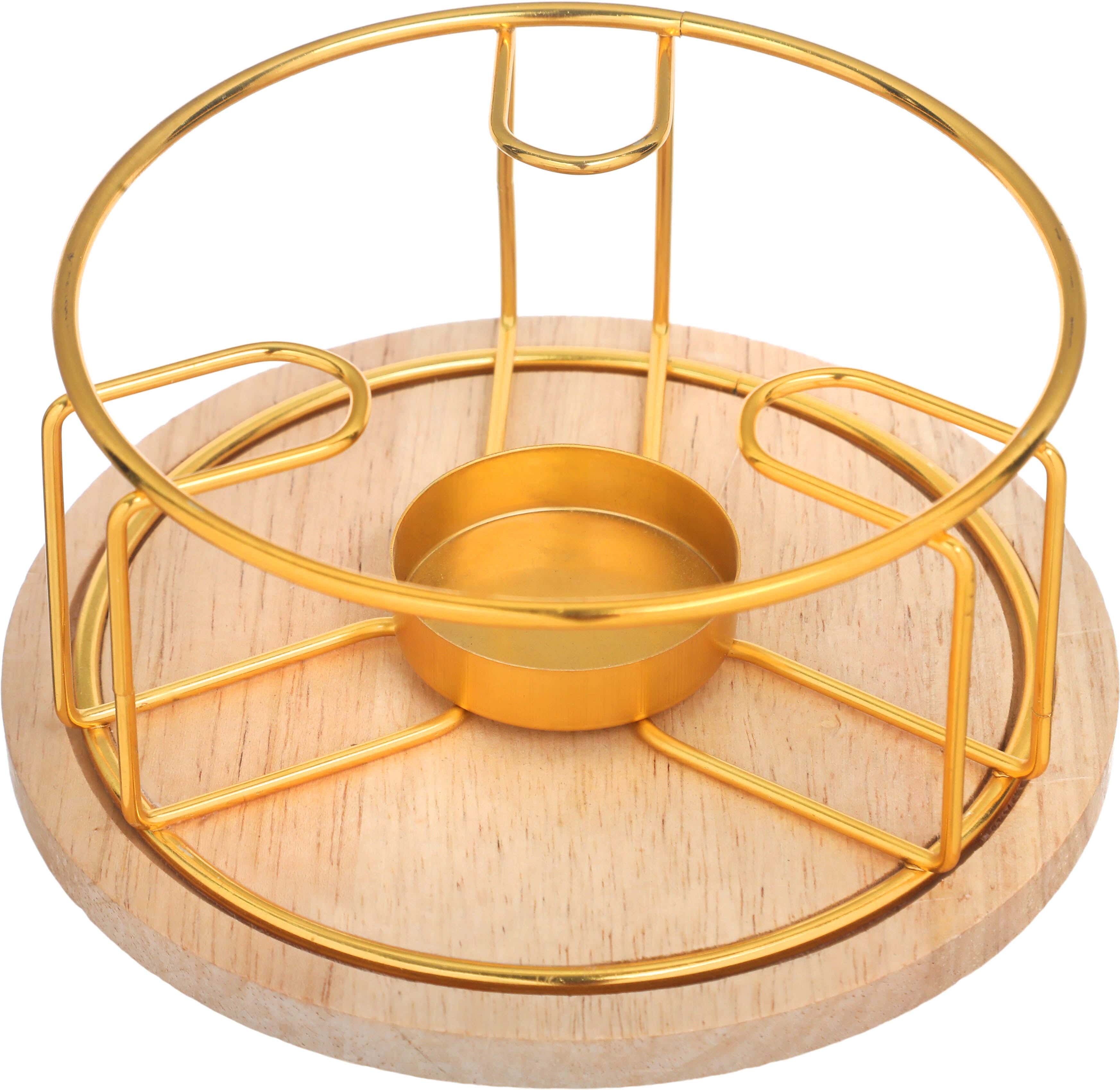 Metal Teapot Holder, 1 Candle, Wood Base, 16×7.5 cm - Gold Wooden