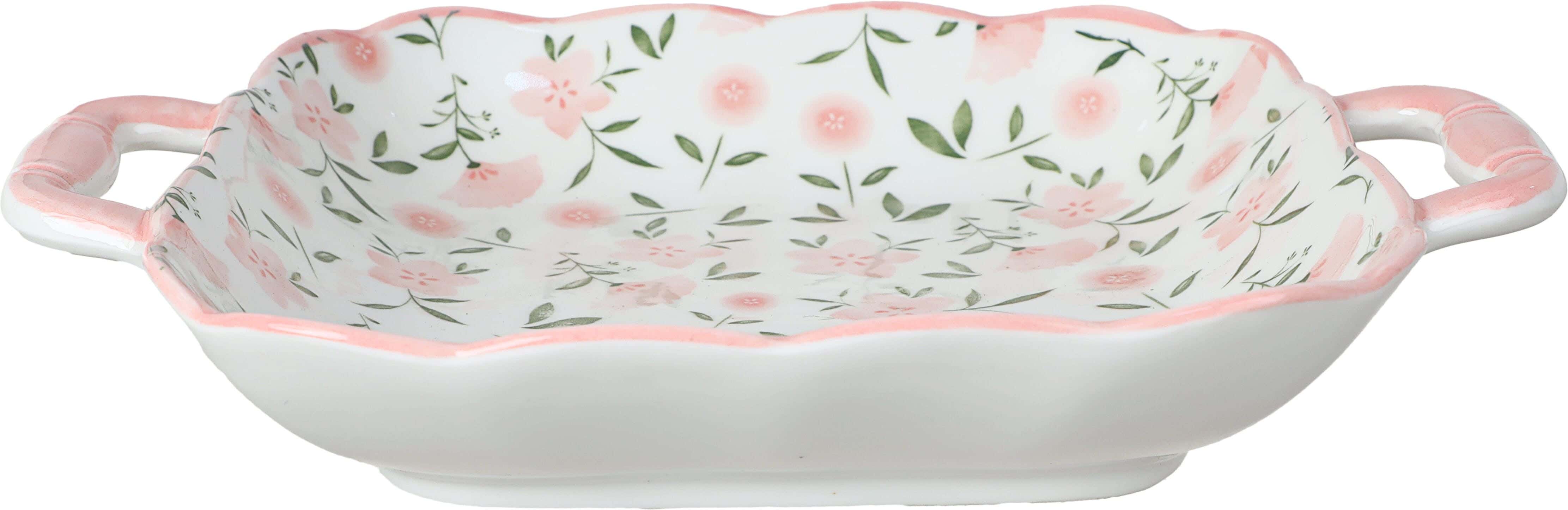 Deep Square Porcelain Plate With 2 Handles, 23 Cm - Rose Green