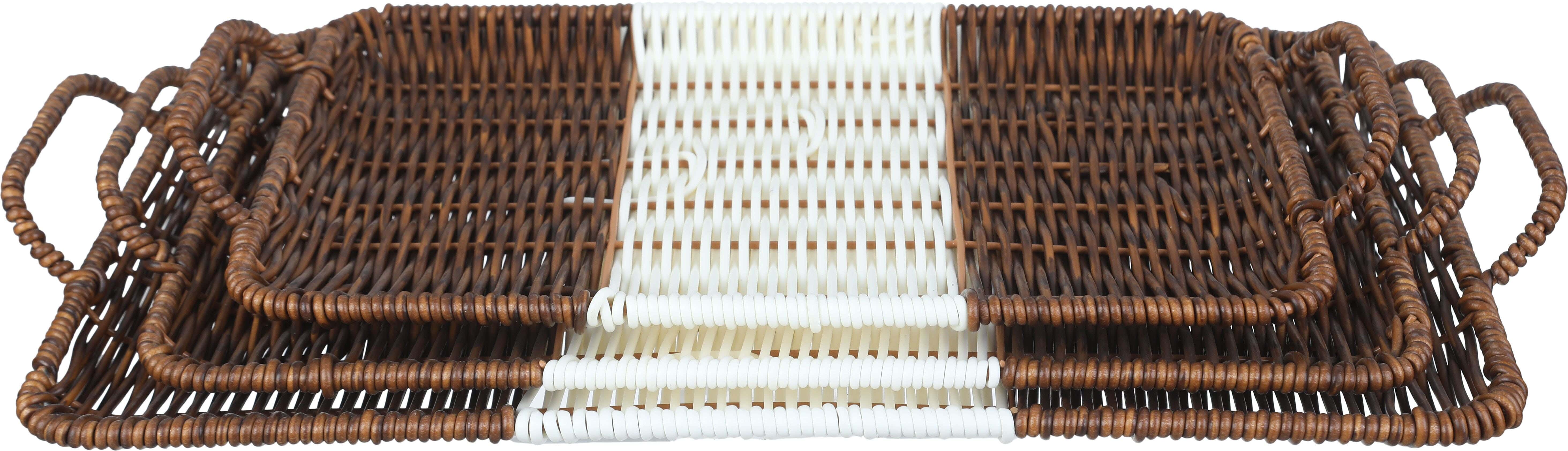 Plastic Rectangular Serving Tray Set Wicker Design, 3 Pieces - Brown White