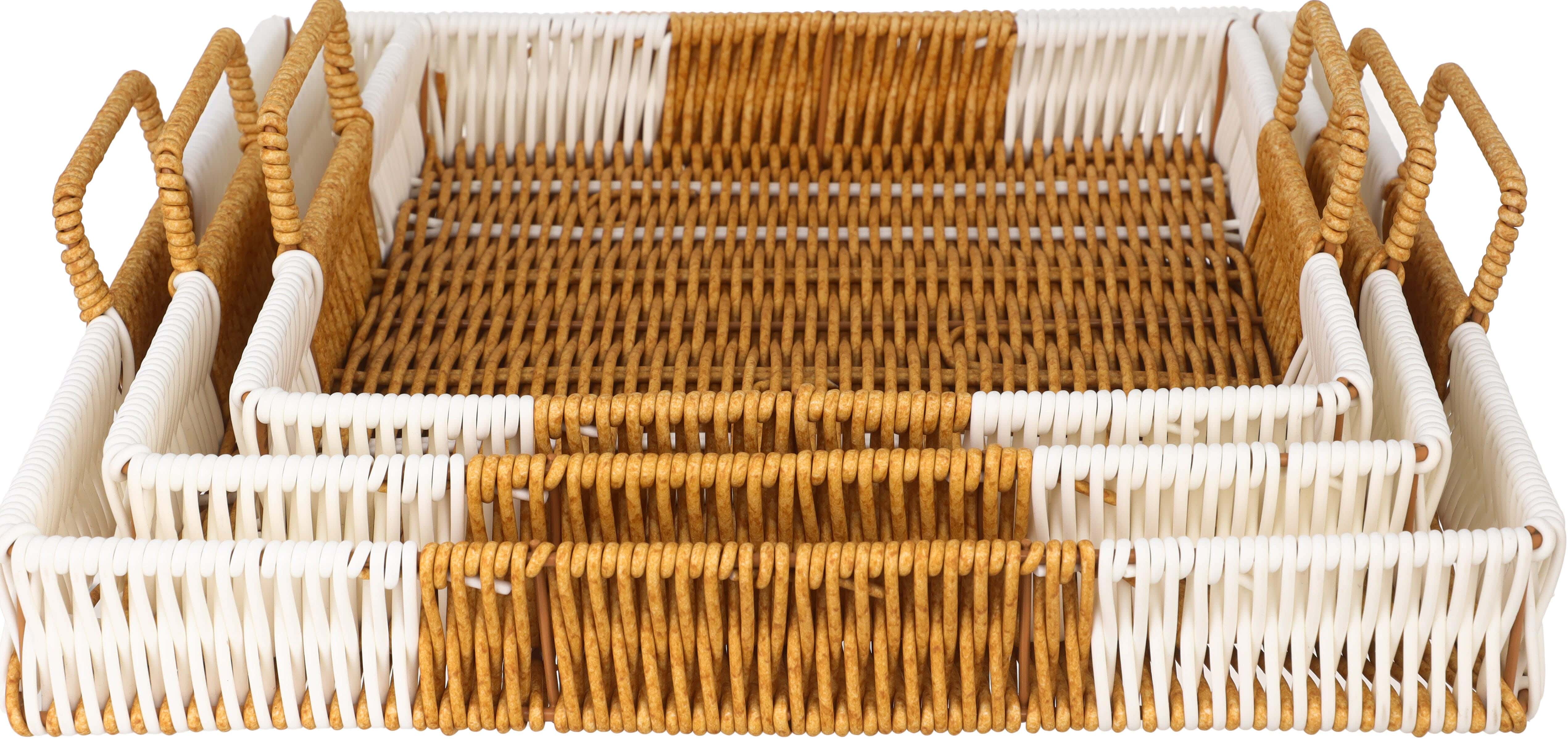 Rectangular Plastic Serving Tray Set wicker Design, 3 Pieces - Beige White