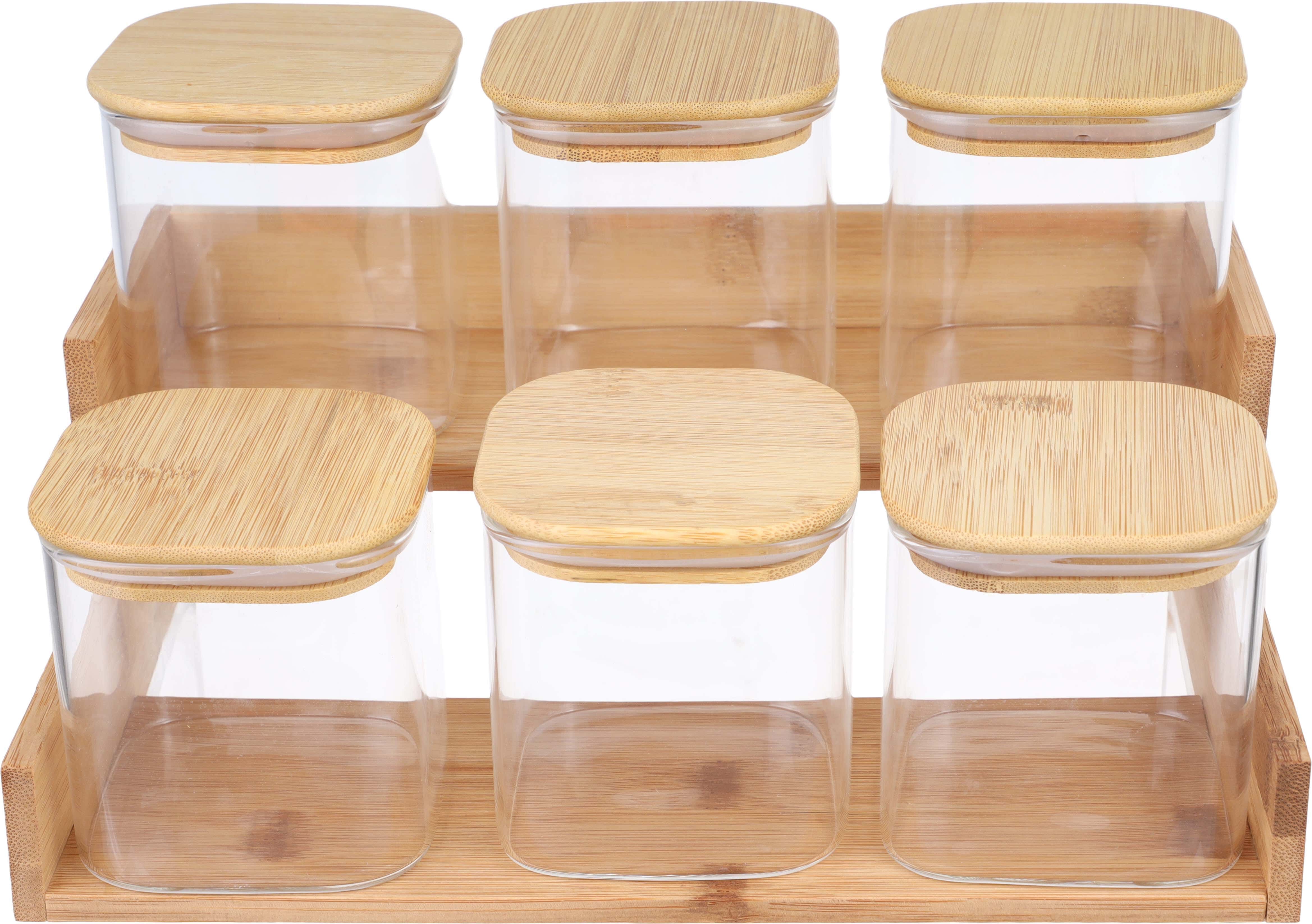 Glass spice jar set with Clear Wooden Wooden lid, 6 pieces, 250 ml, with Clear Wooden Wooden stand - Clear Wooden