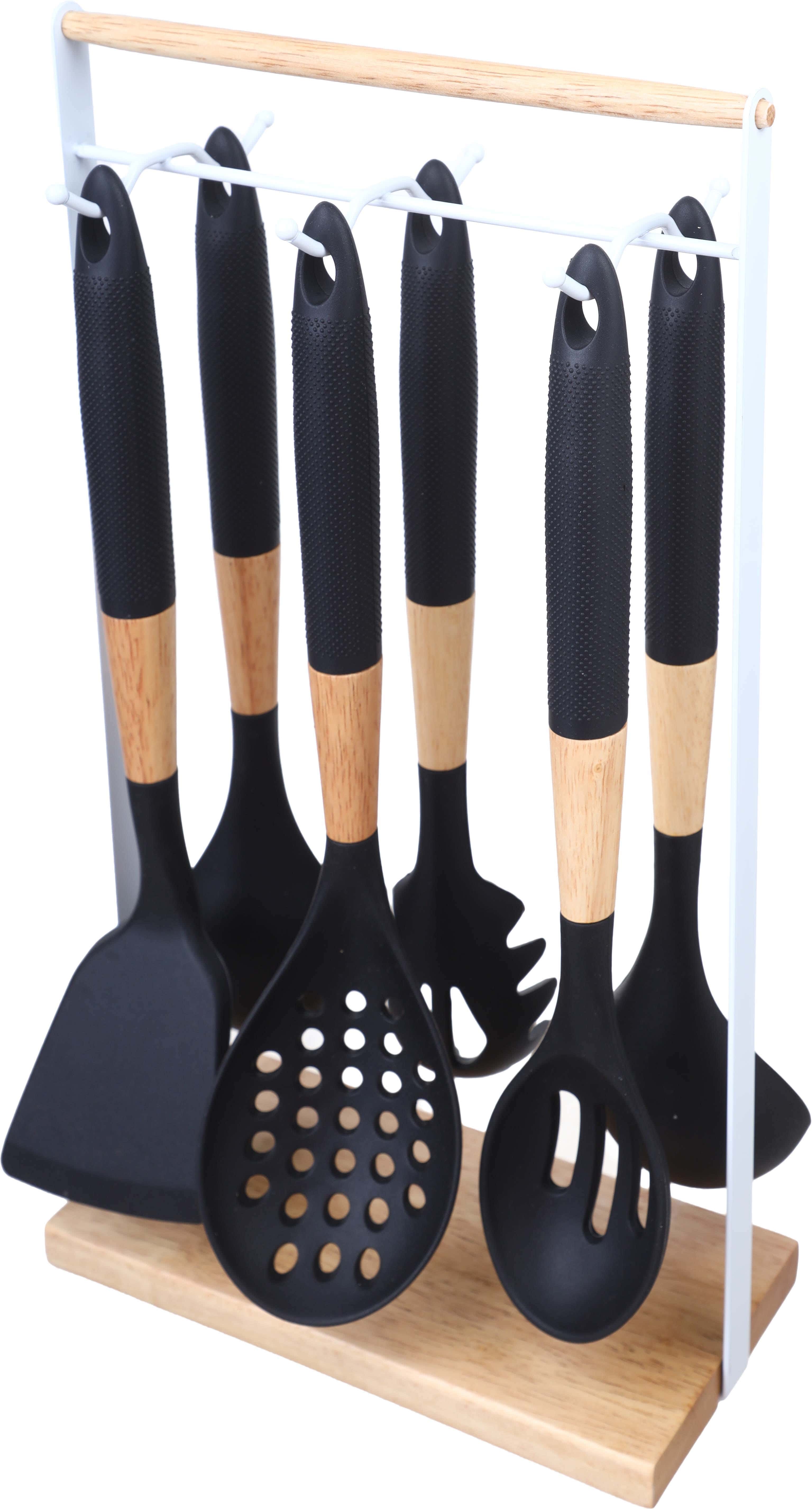 Silicone×Wood Serving Set, 6 Pieces, with Metal Stand - Black