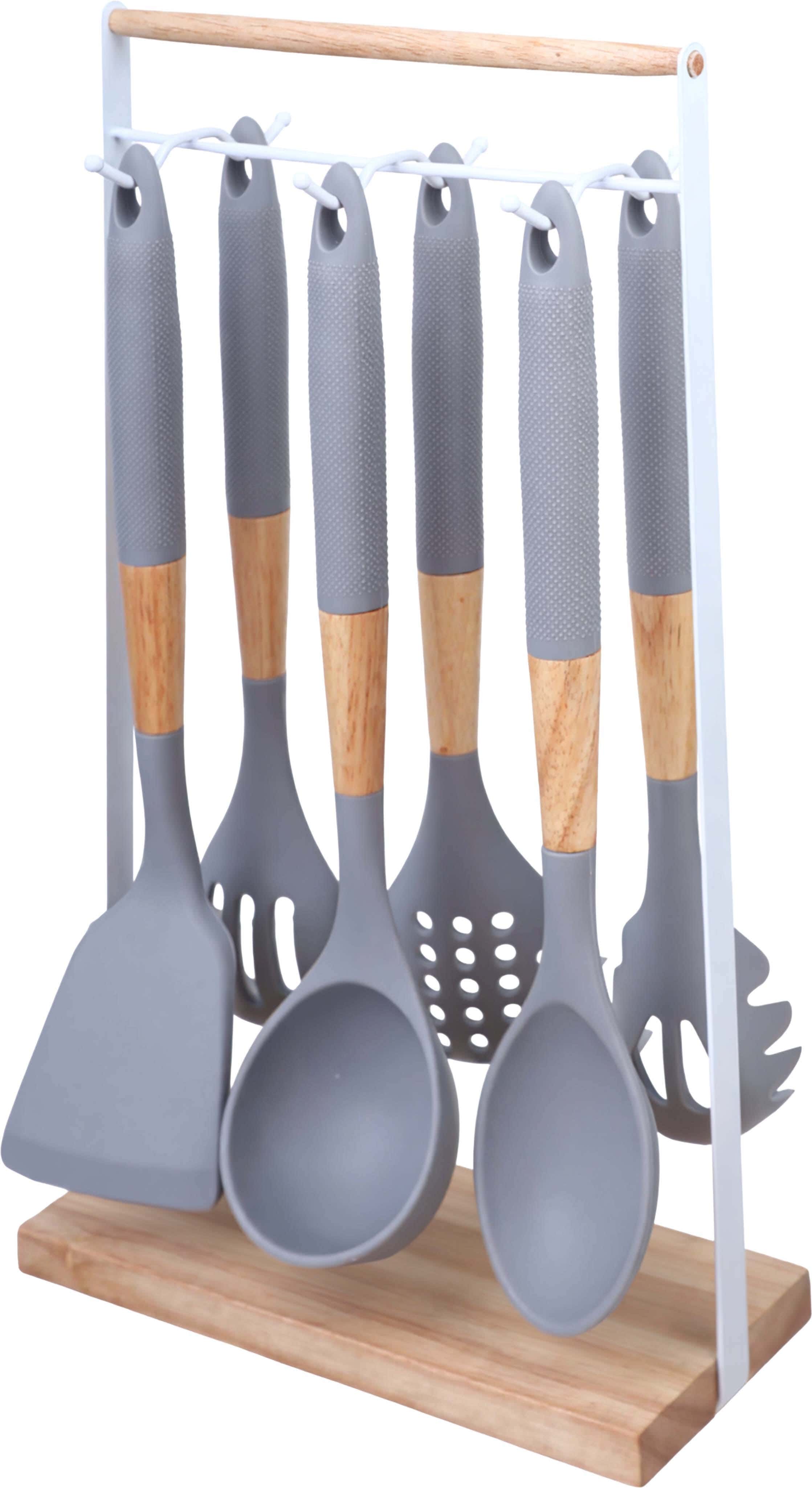 Silicone×Wood Serving Set, 6 Pieces, with Metal Stand - Grey