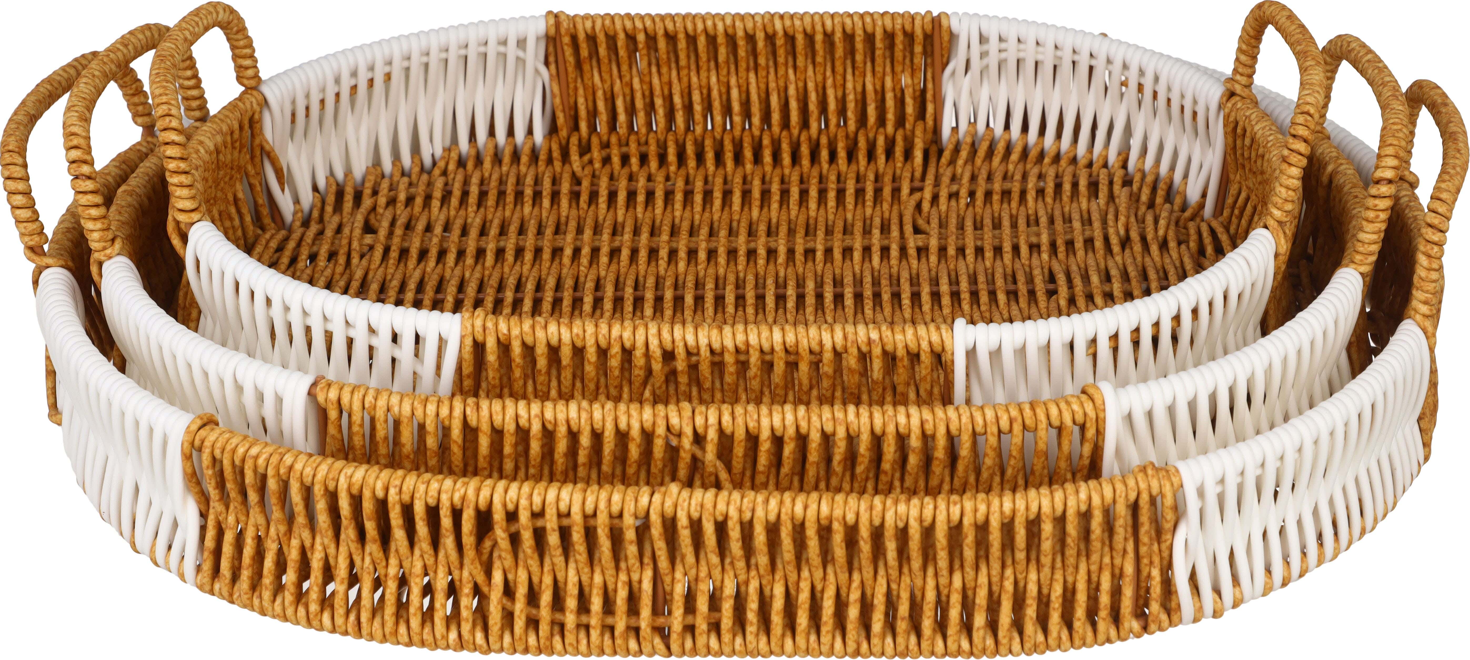 Oval Plastic Serving Tray Set wicker Design, 3 Pieces - Beige White