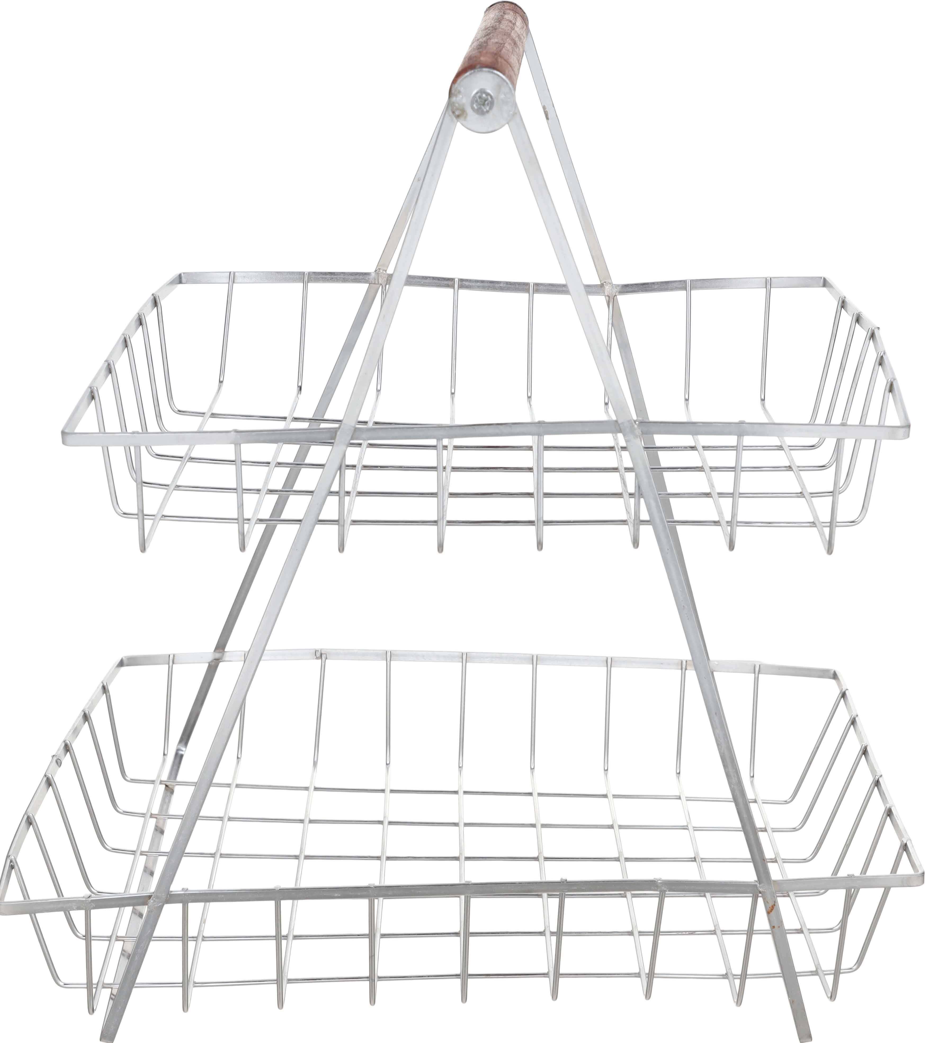 Nickel Chrome Fruit Carrier, 2 Tiers, Wooden Handle, 35×33×24 cm, approximately 950 grm - Silver Wooden