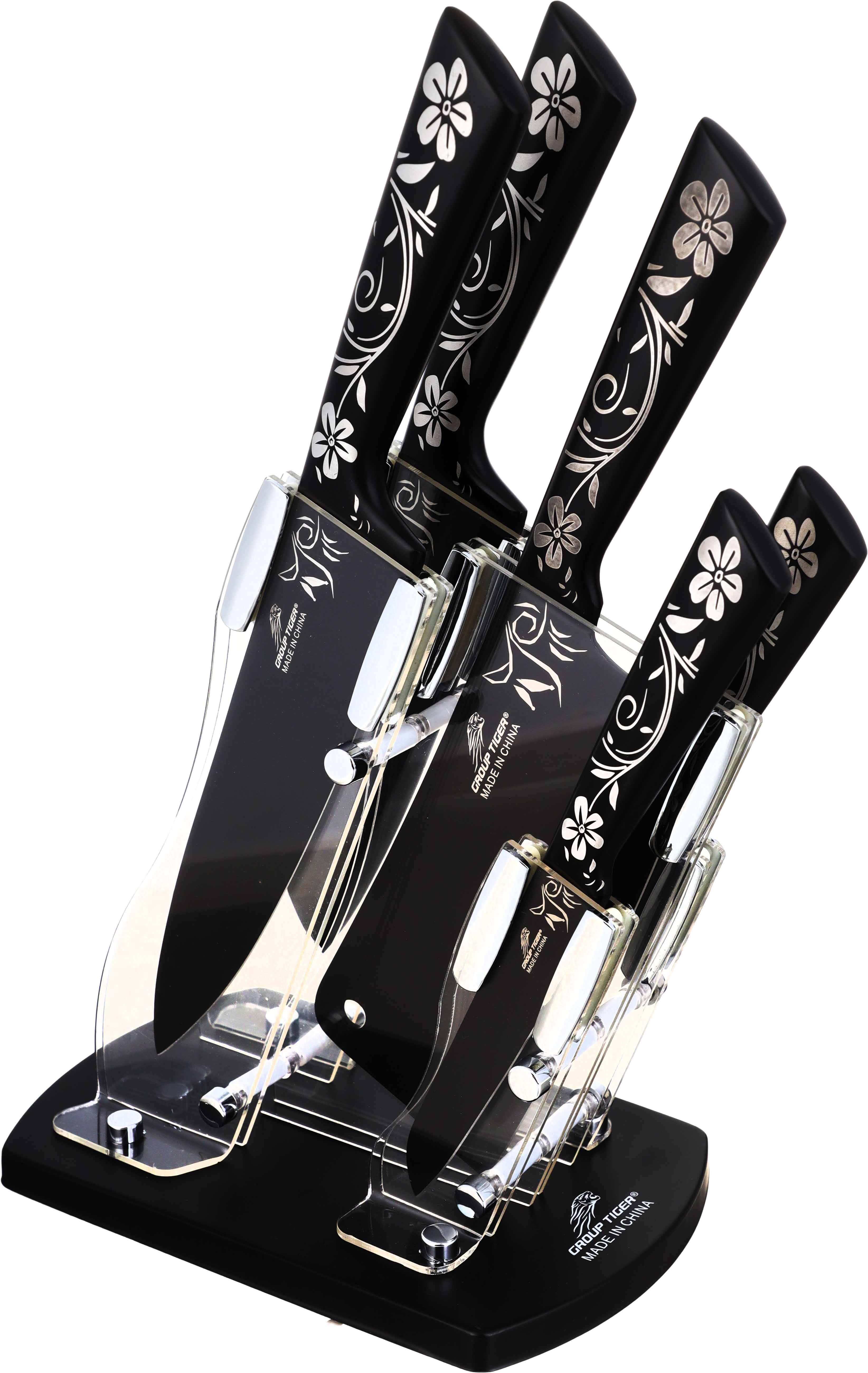 Group Tiger Ceramic Knife Set, 5 Pieces, with Acrylic Stand - Black