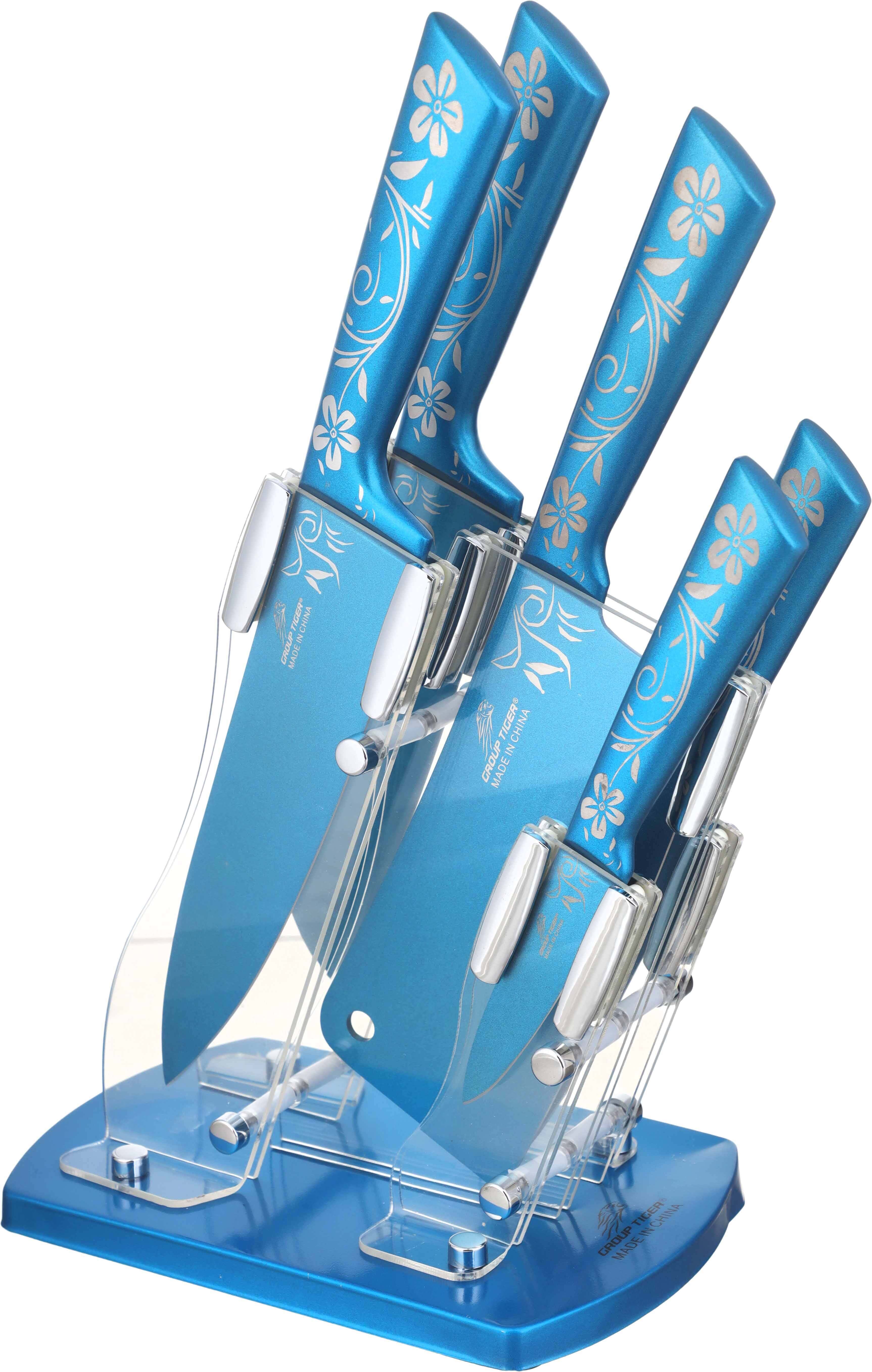 Group Tiger Ceramic Knife Set, 5 Pieces, with Acrylic Stand - Light Blue