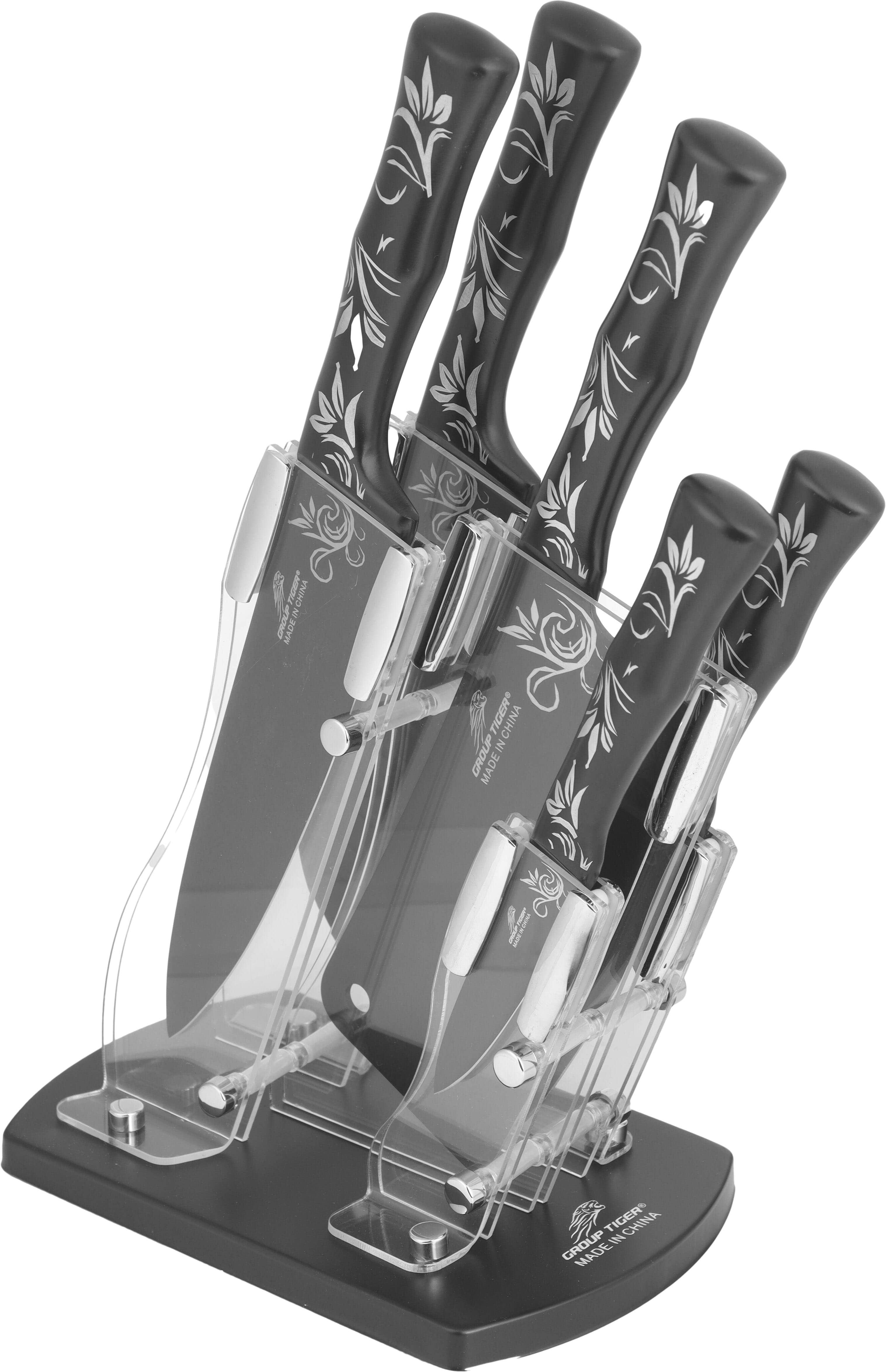 Group Tiger Ceramic Knife Set, 5 Pieces, with Acrylic Stand - Black