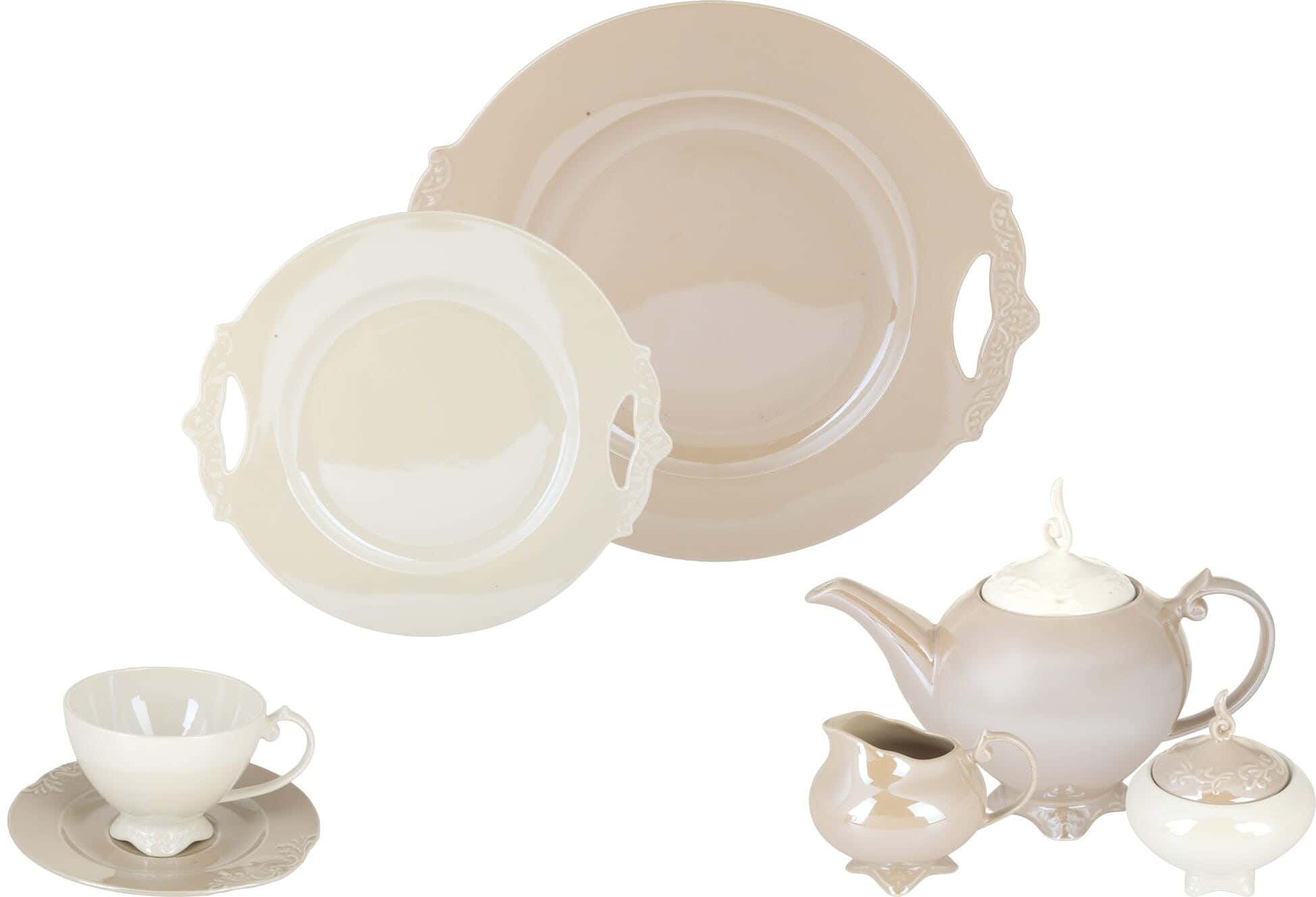 Lotus Porcelain Tea and Cake Serving, 24 Pieces - Off White Coffee