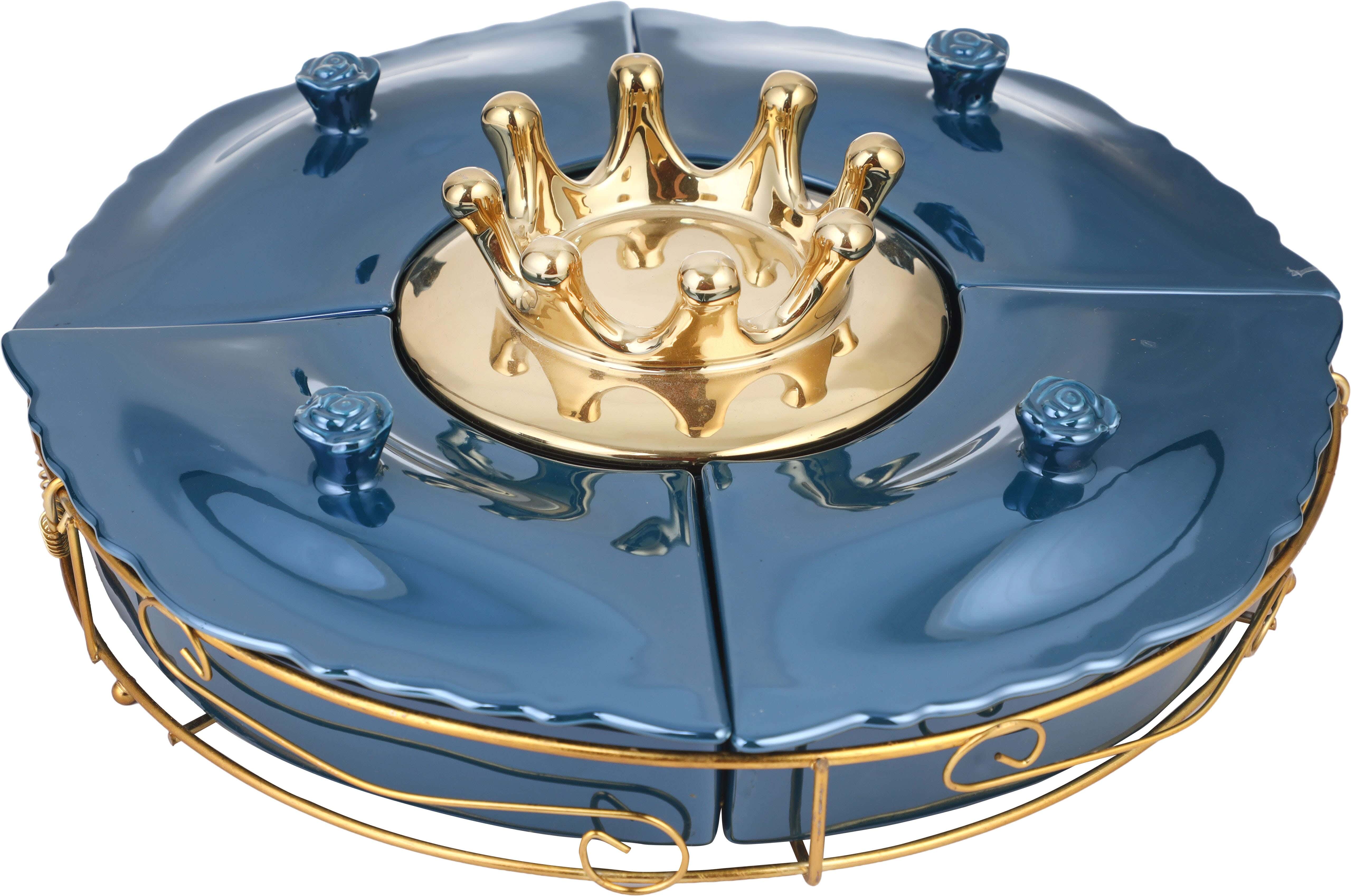 Lotus Porcelain Dessert Stand With Lid, 30 cm, 4 Eyes, With Metal Stand - Petrol