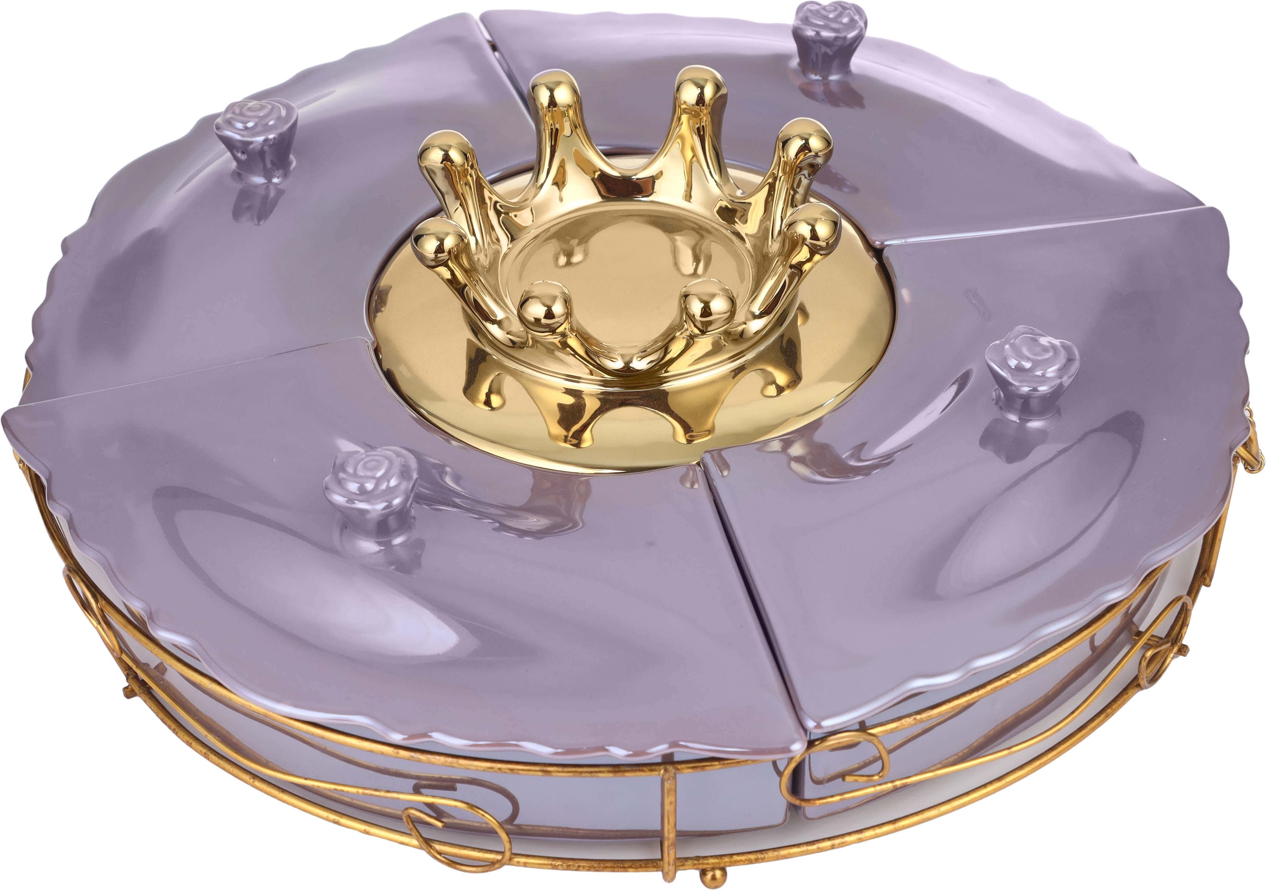 Lotus Porcelain Dessert Stand With Lid, 30 cm, 4 Eyes, With Metal Stand - Mauve