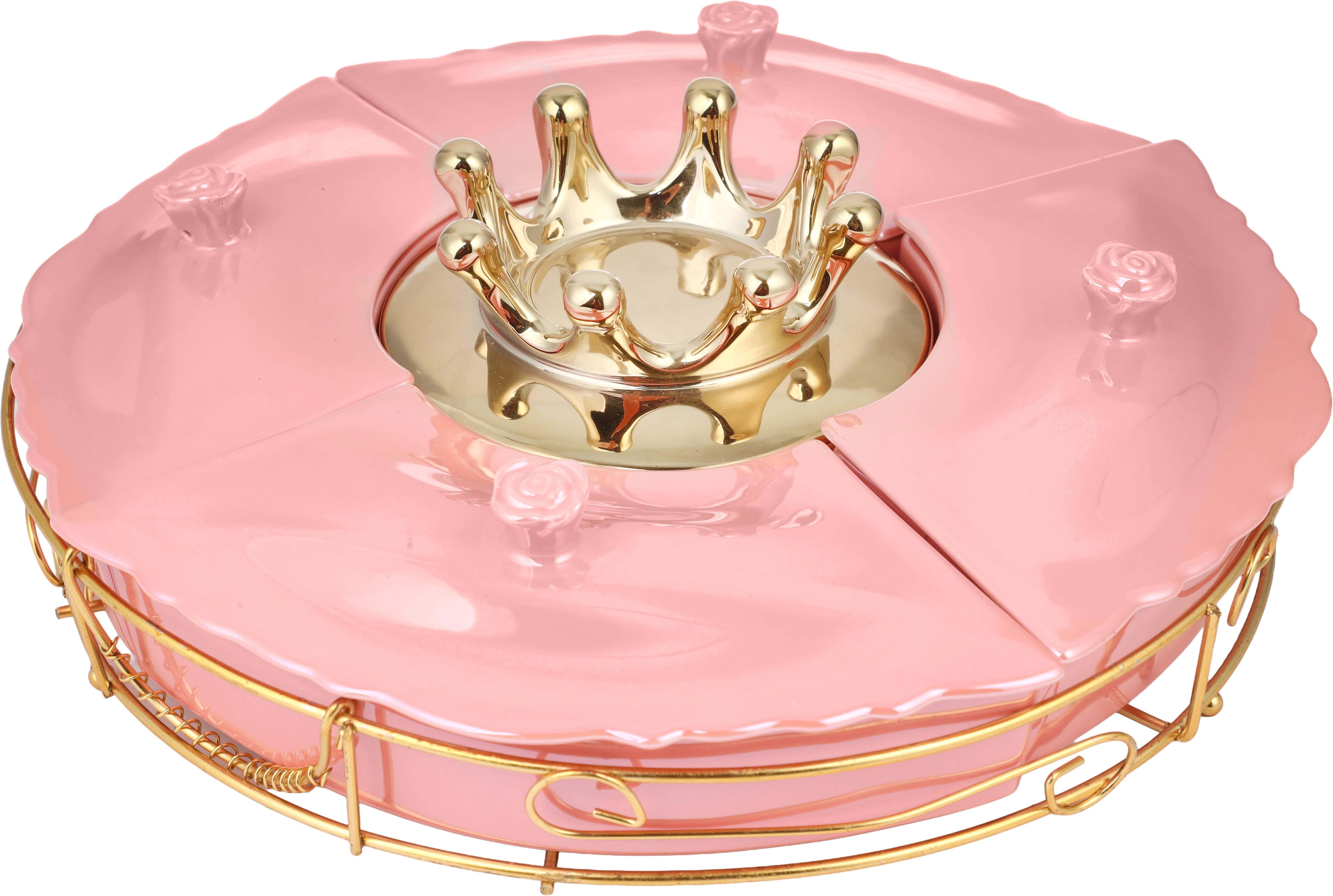 Lotus Porcelain Dessert Stand With Lid, 30 cm, 4 Eyes, With Metal Stand - Pink