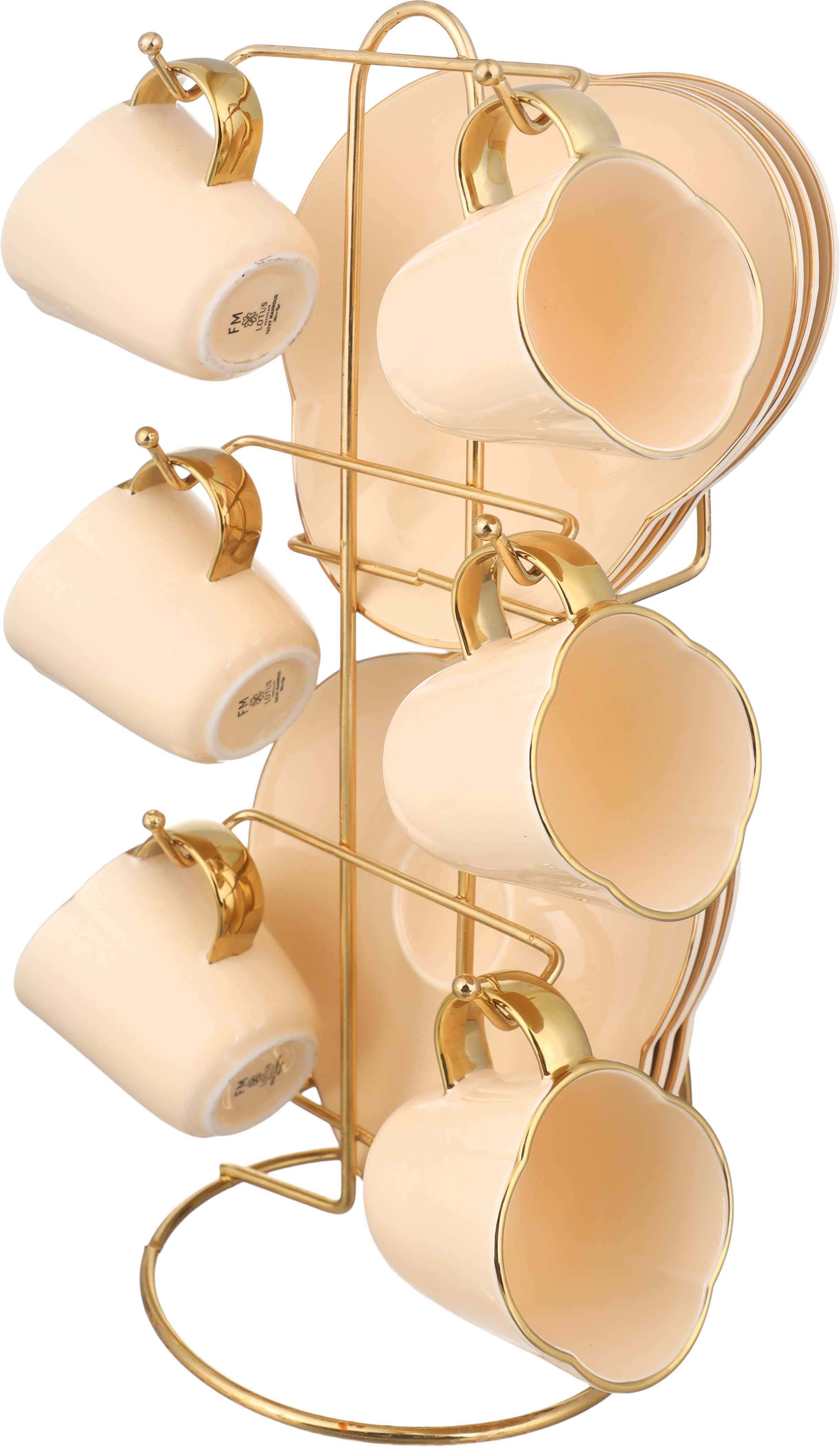 Lotus Porcelain Coffee Cup and Saucer Set, 12 Pieces, with Metal Stand - Beige Gold