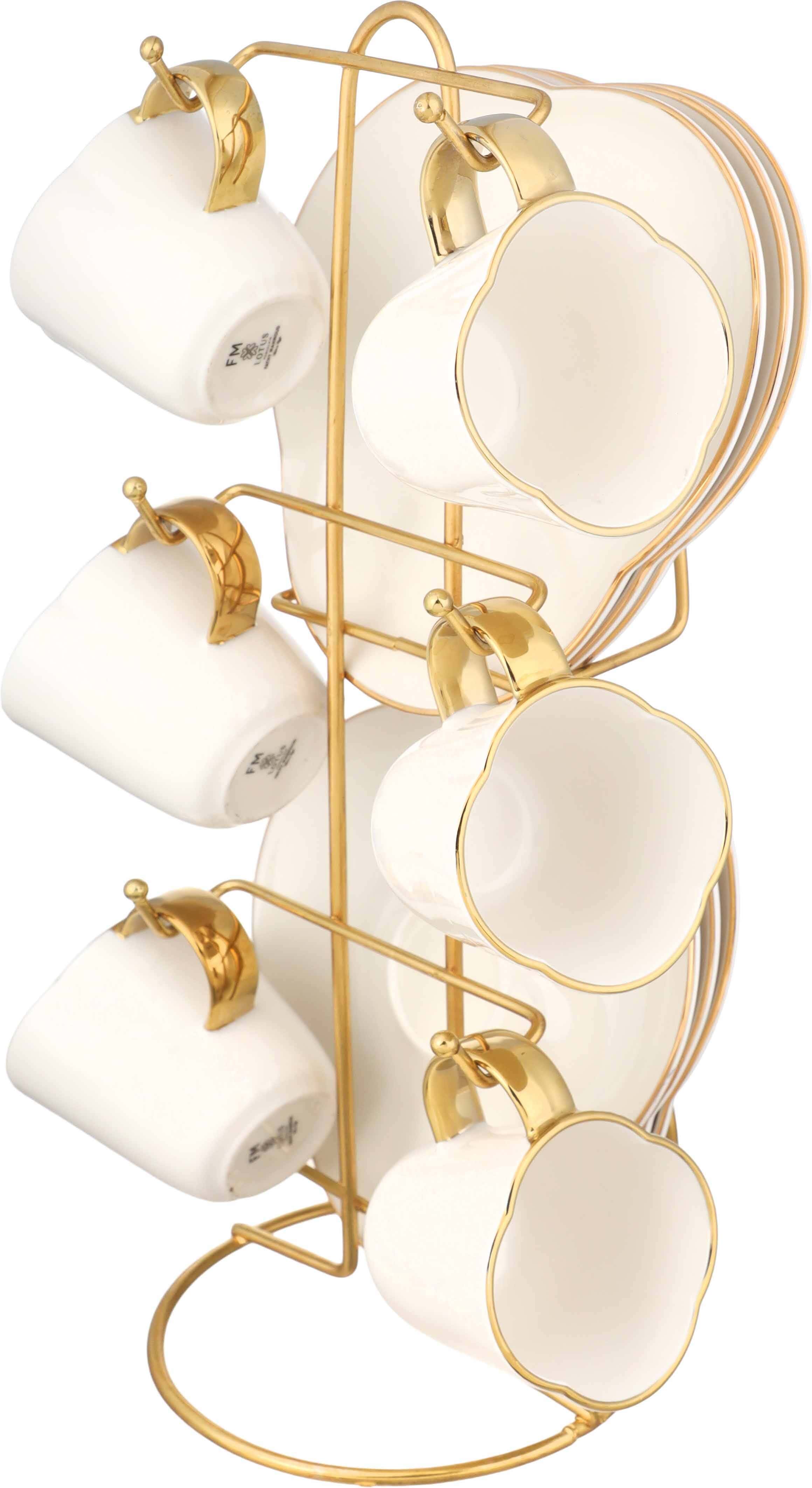 Lotus Porcelain Coffee Cup and Saucer Set, 12 Pieces, with Metal Stand - White Gold