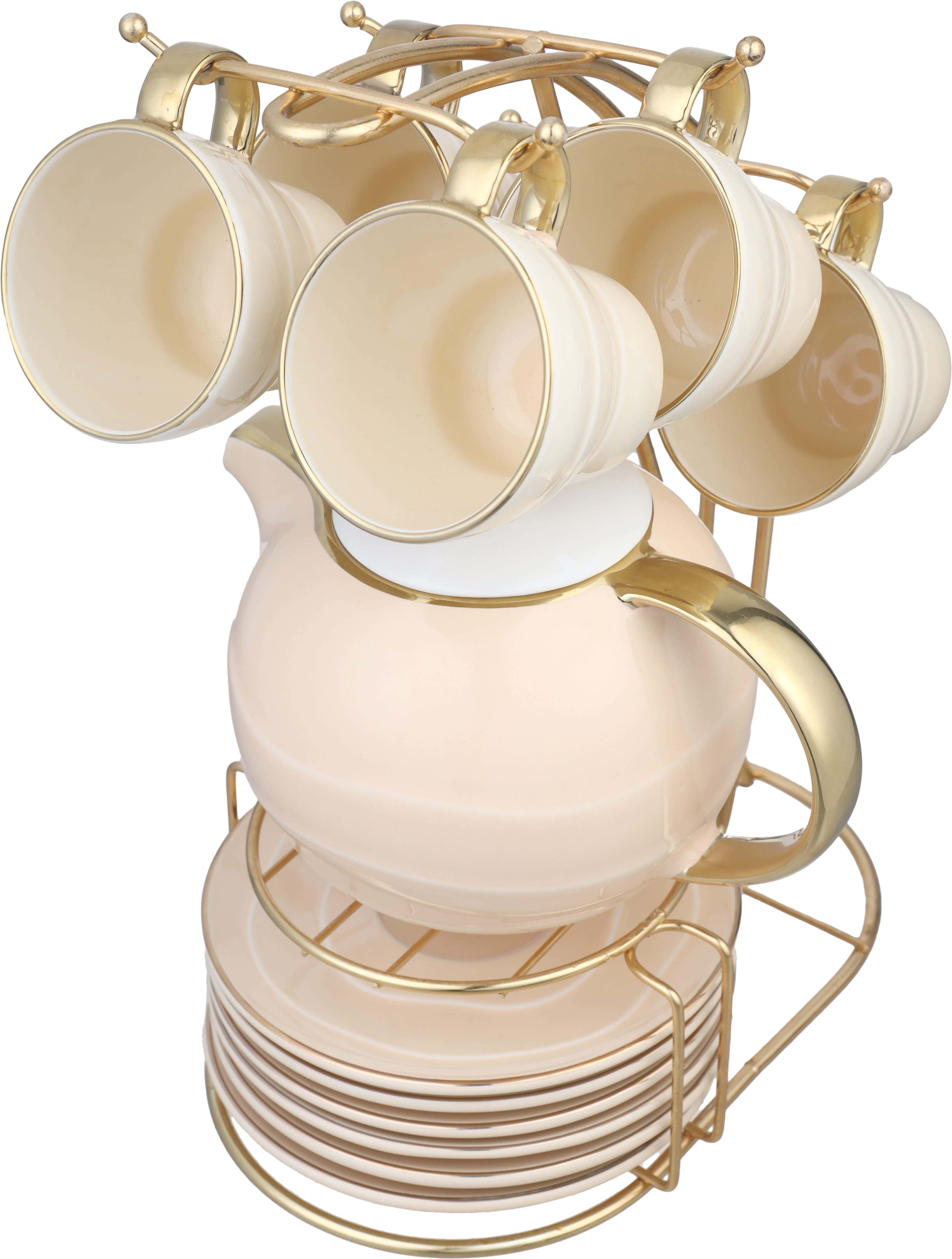 Lotus Porcelain Cocoa Set, 14 Pieces, with Stand - Beige Gold