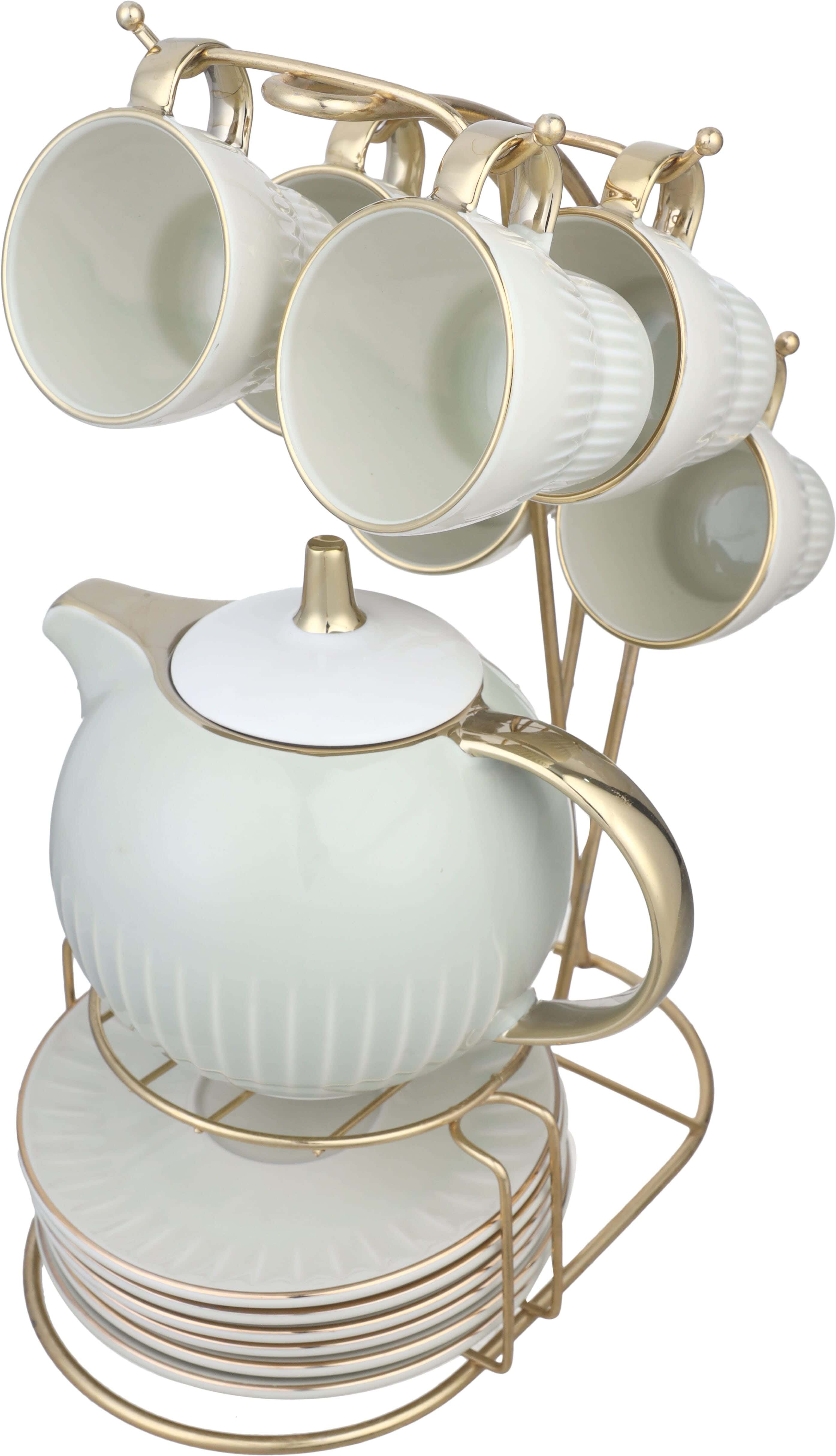 Lotus Porcelain Cocoa Set, 14 Pieces, with Stand - Olive Gold