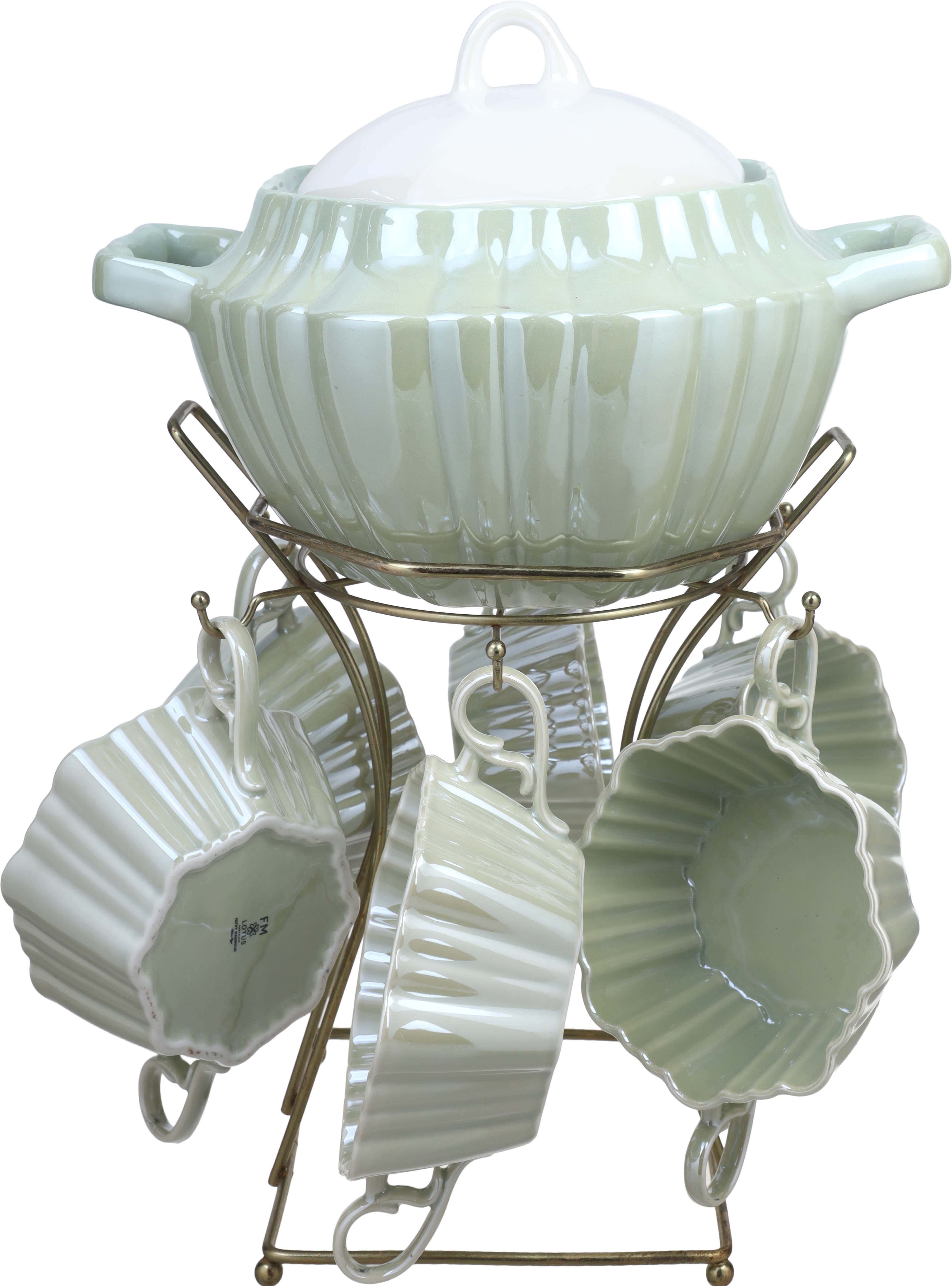 Lotus Porcelain Bowl Set, 7 Pieces, with Stand - Olive White
