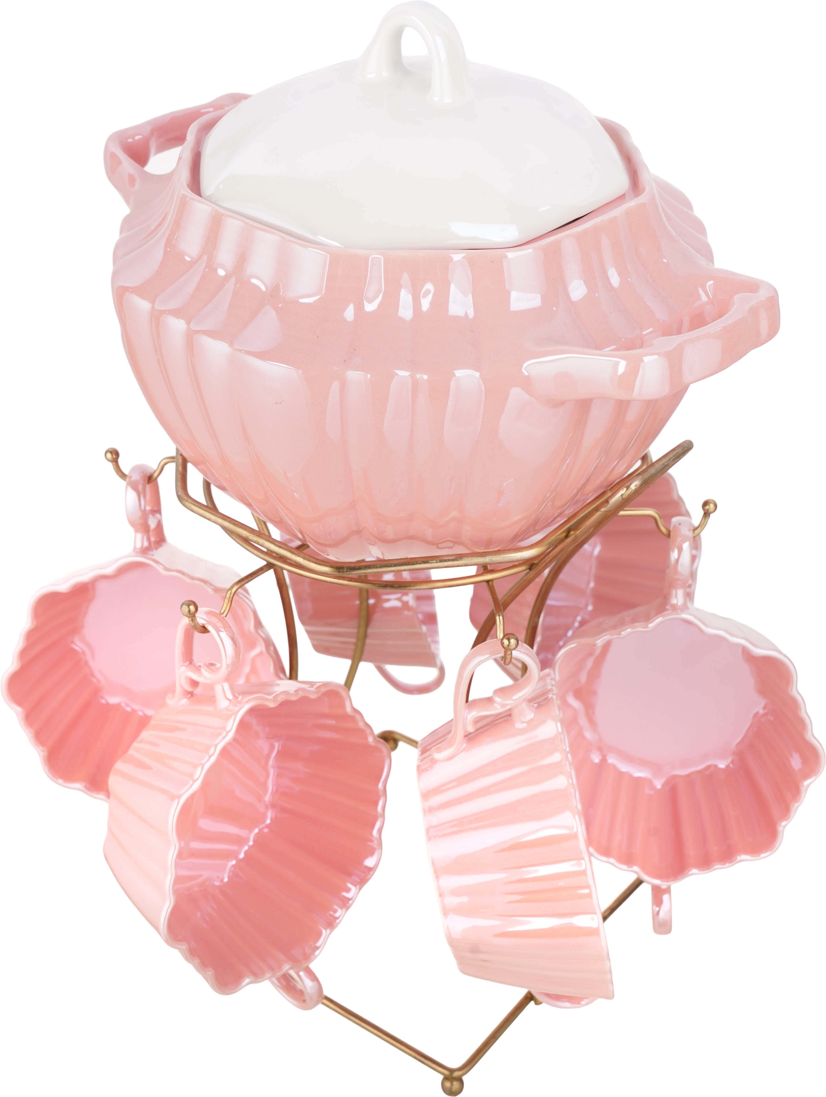 Lotus Porcelain Bowl Set, 7 Pieces, with Stand - Pink White